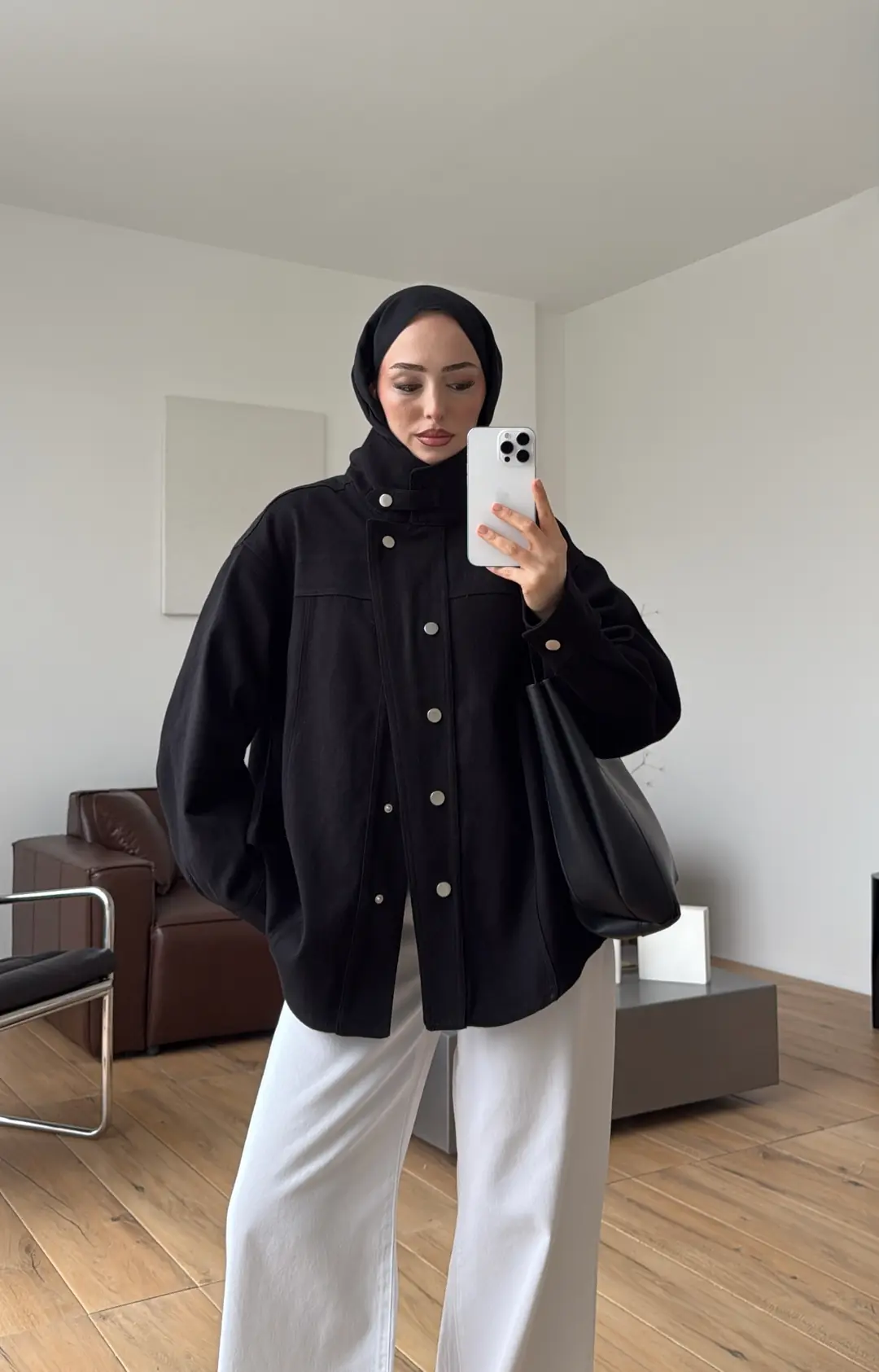 Dik Yaka Çıtçıtlı Gabardin Ceket Siyah - Görsel 4