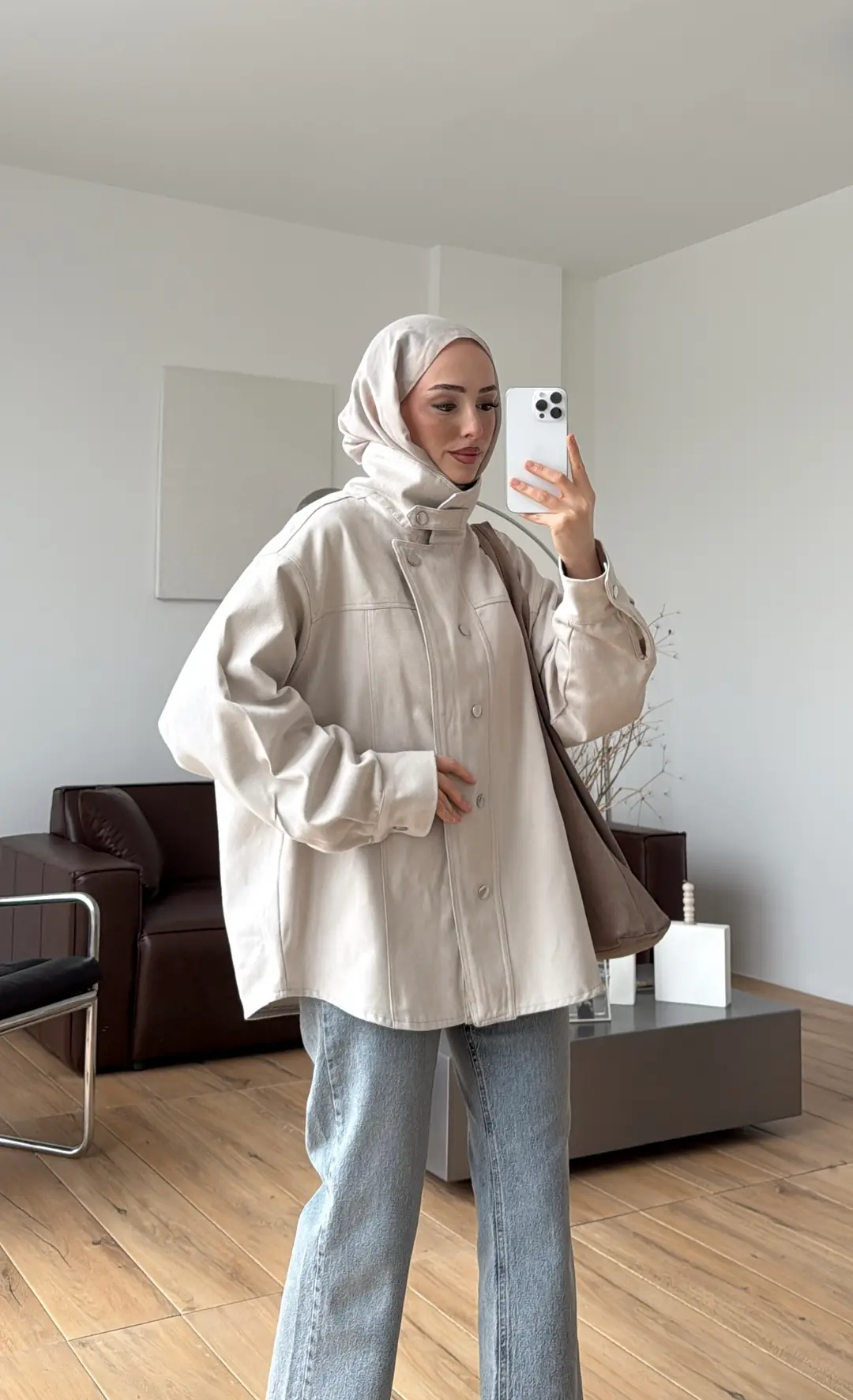 Dik Yaka Çıtçıtlı Gabardin Ceket Taş - Görsel 2