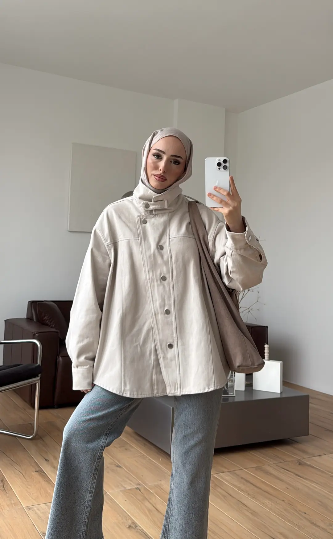 Dik Yaka Çıtçıtlı Gabardin Ceket Taş - Görsel 4