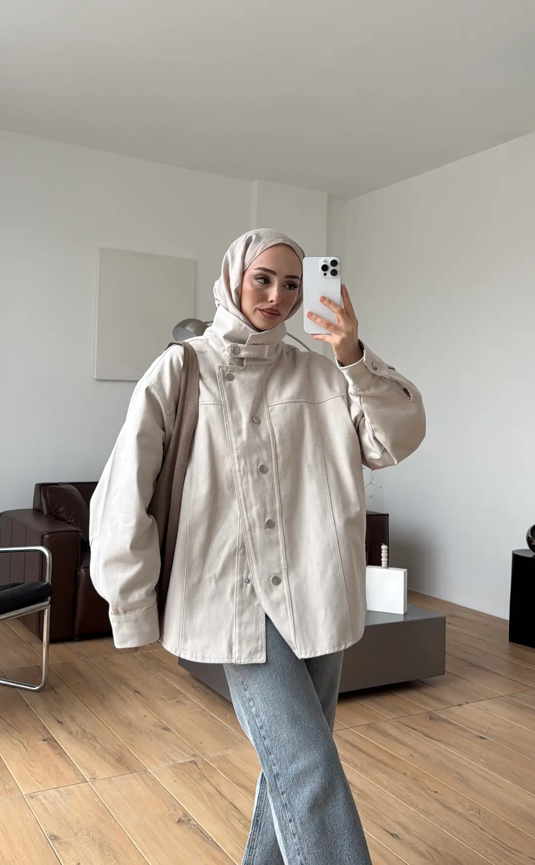 Dik Yaka Çıtçıtlı Gabardin Ceket Taş - Görsel 5