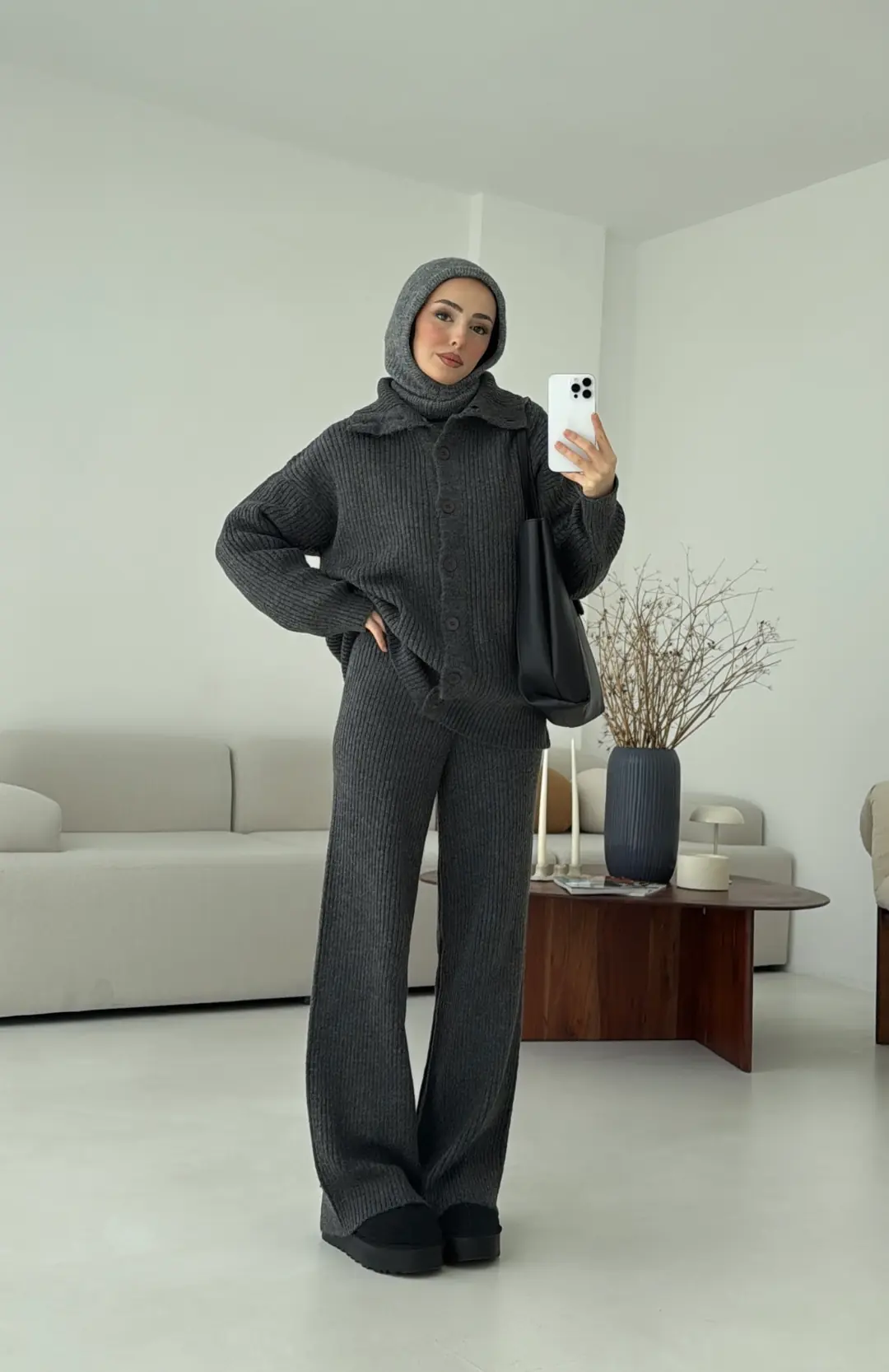 Dik Yaka Düğmeli Triko Takım Antrasit