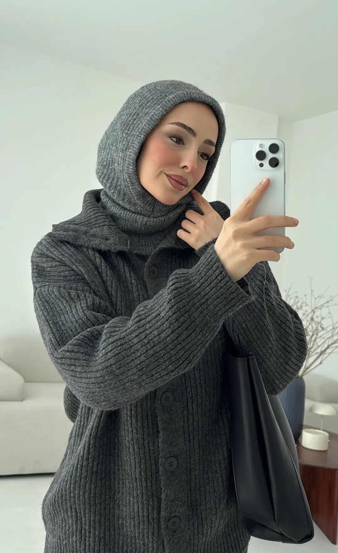 Dik Yaka Düğmeli Triko Takım Antrasit - Görsel 3