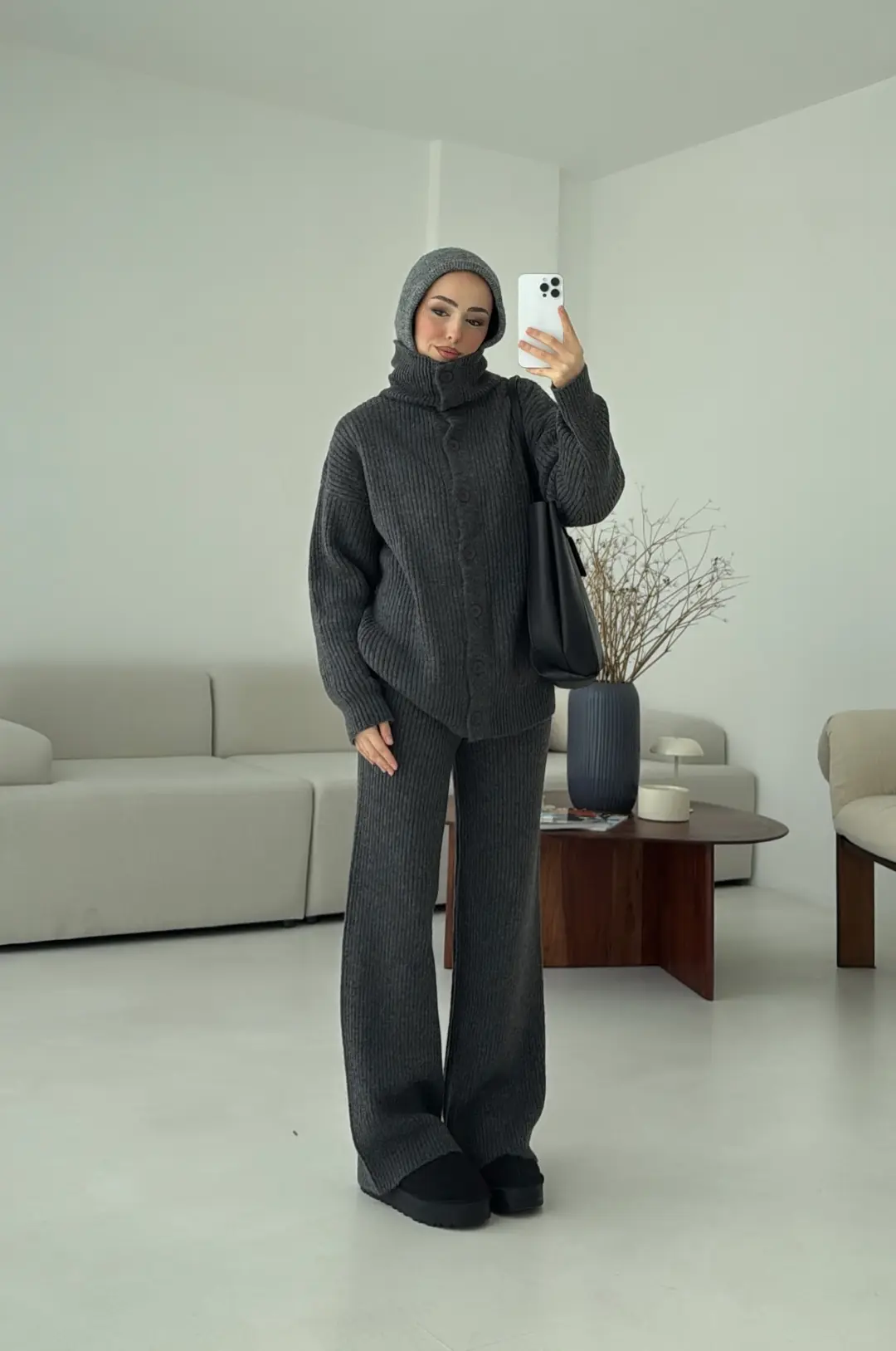 Dik Yaka Düğmeli Triko Takım Antrasit - Görsel 4