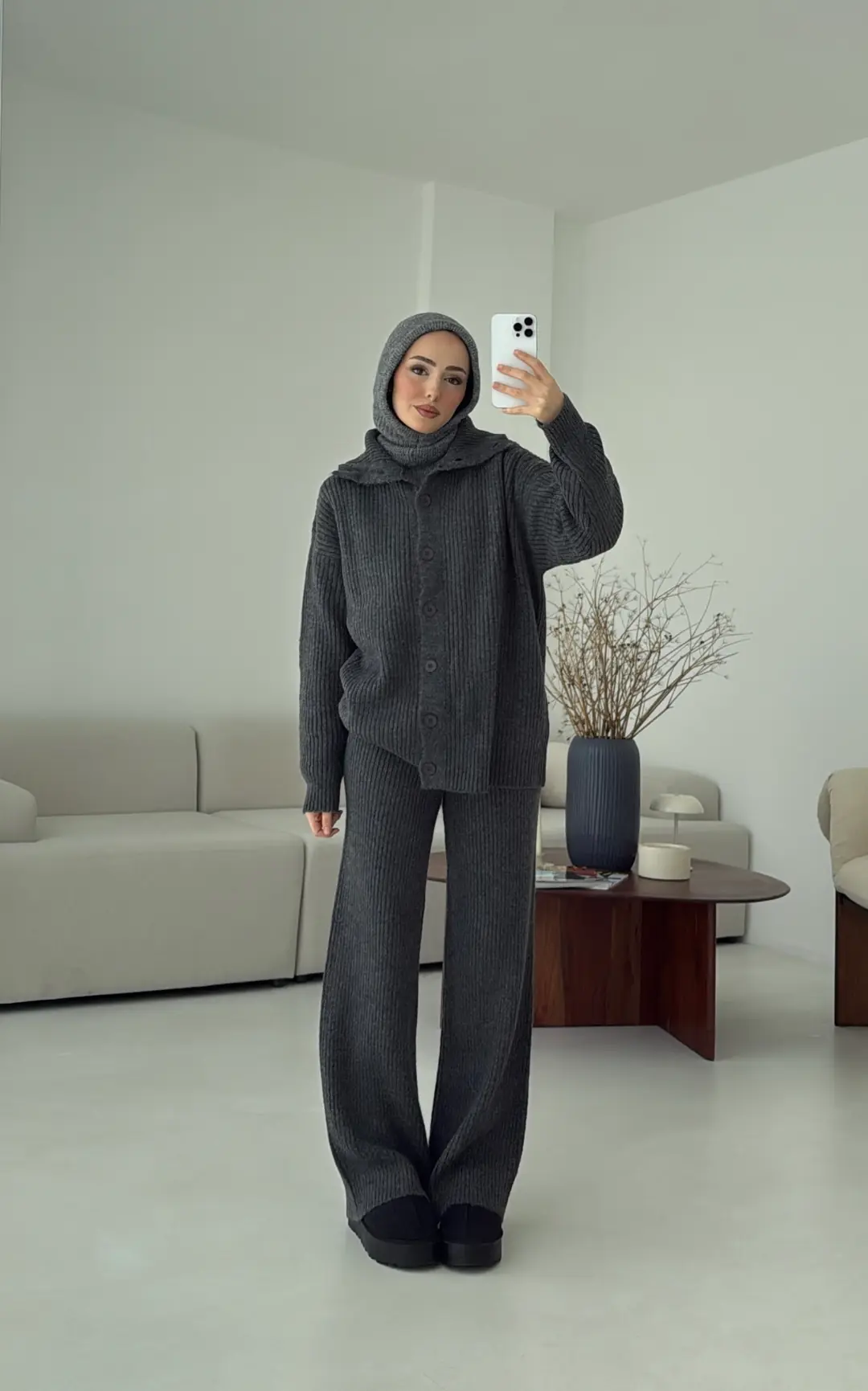 Dik Yaka Düğmeli Triko Takım Antrasit - Görsel 6