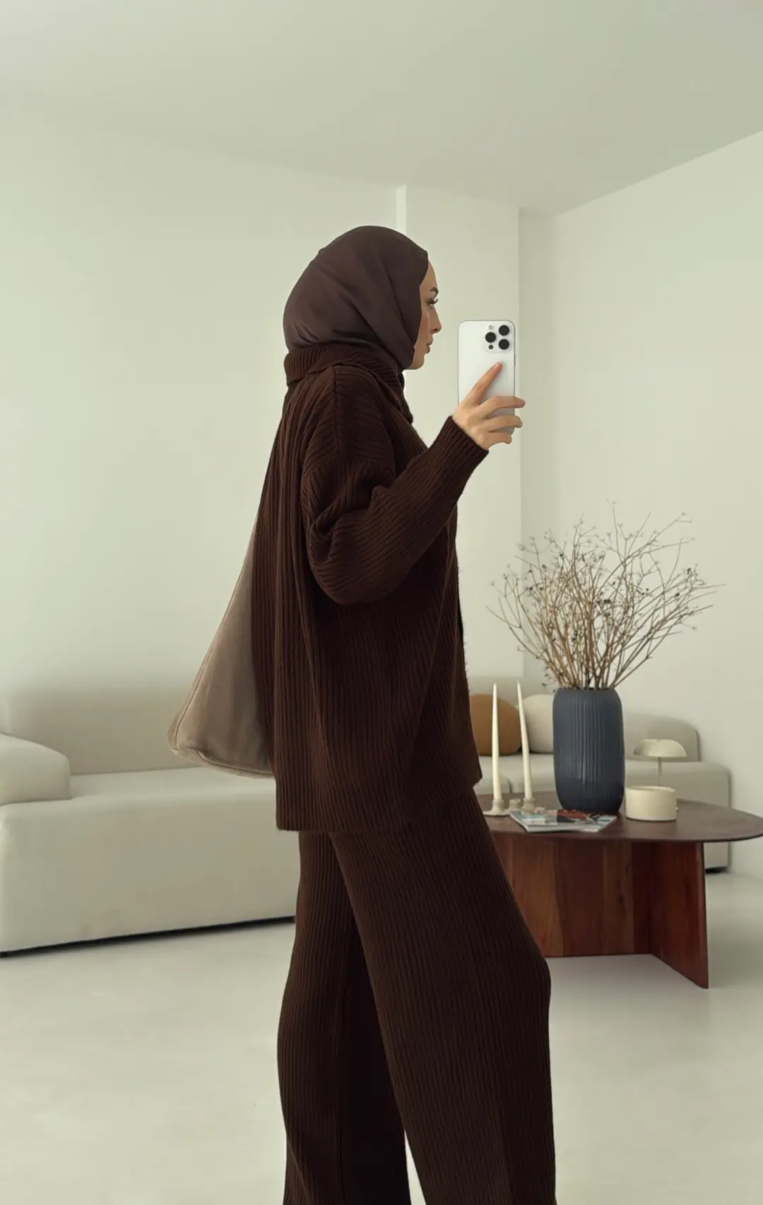 Dik Yaka Düğmeli Triko Takım Kahve - Görsel 7