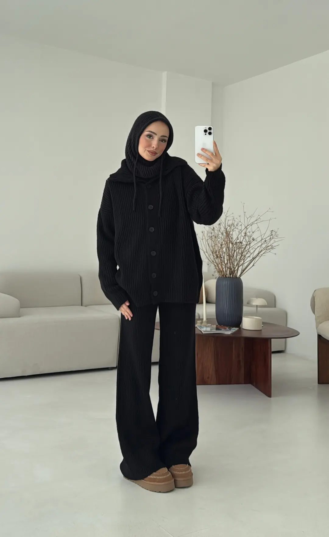 Dik Yaka Düğmeli Triko Takım Siyah