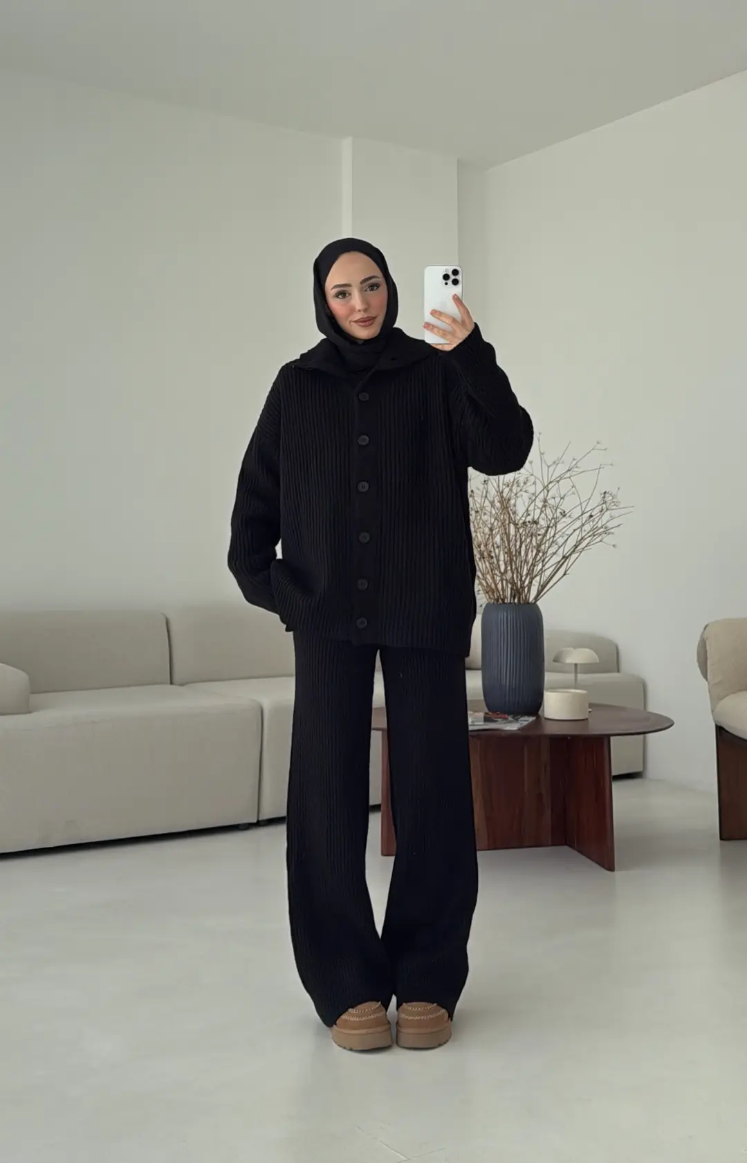 Dik Yaka Düğmeli Triko Takım Siyah - Görsel 3