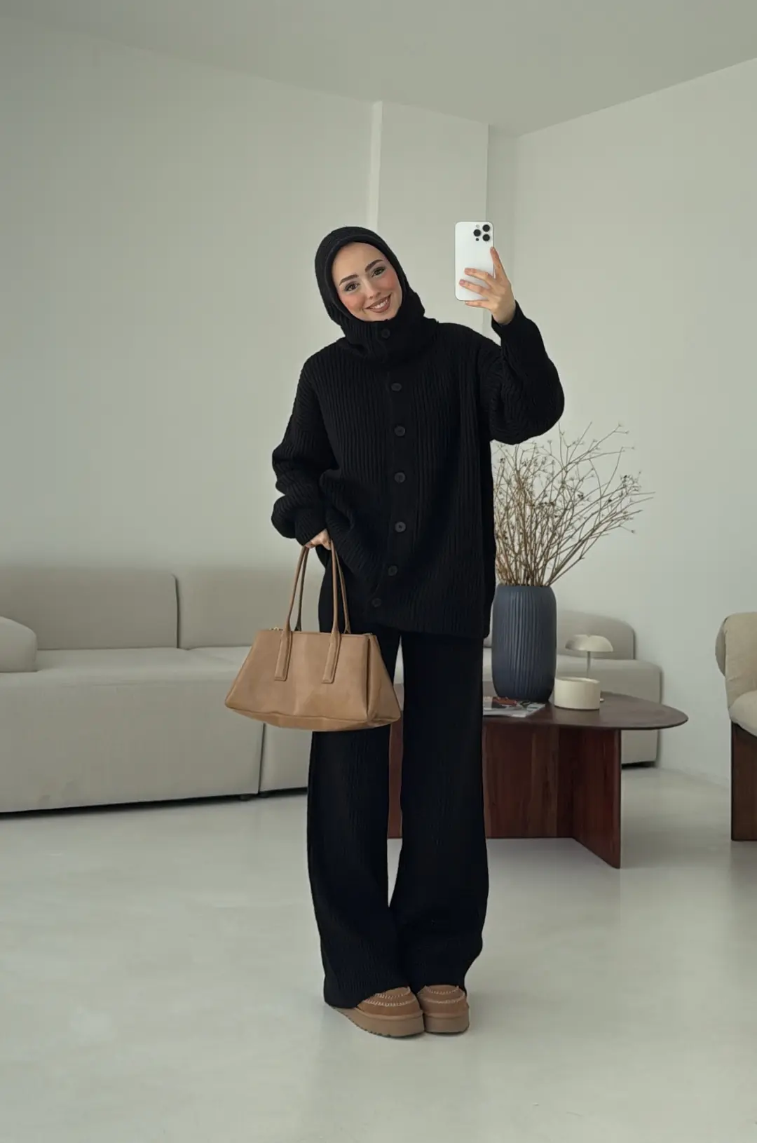 Dik Yaka Düğmeli Triko Takım Siyah - Görsel 5