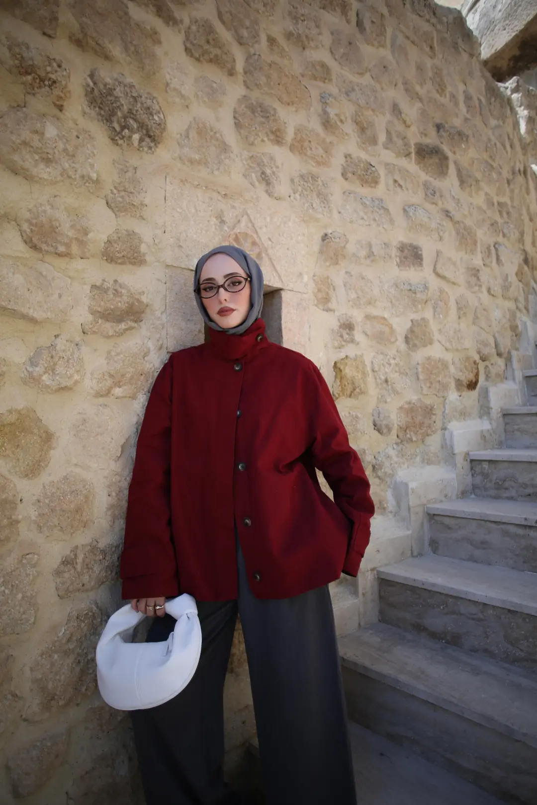 Dik Yaka Gabardin Ceket Bordo