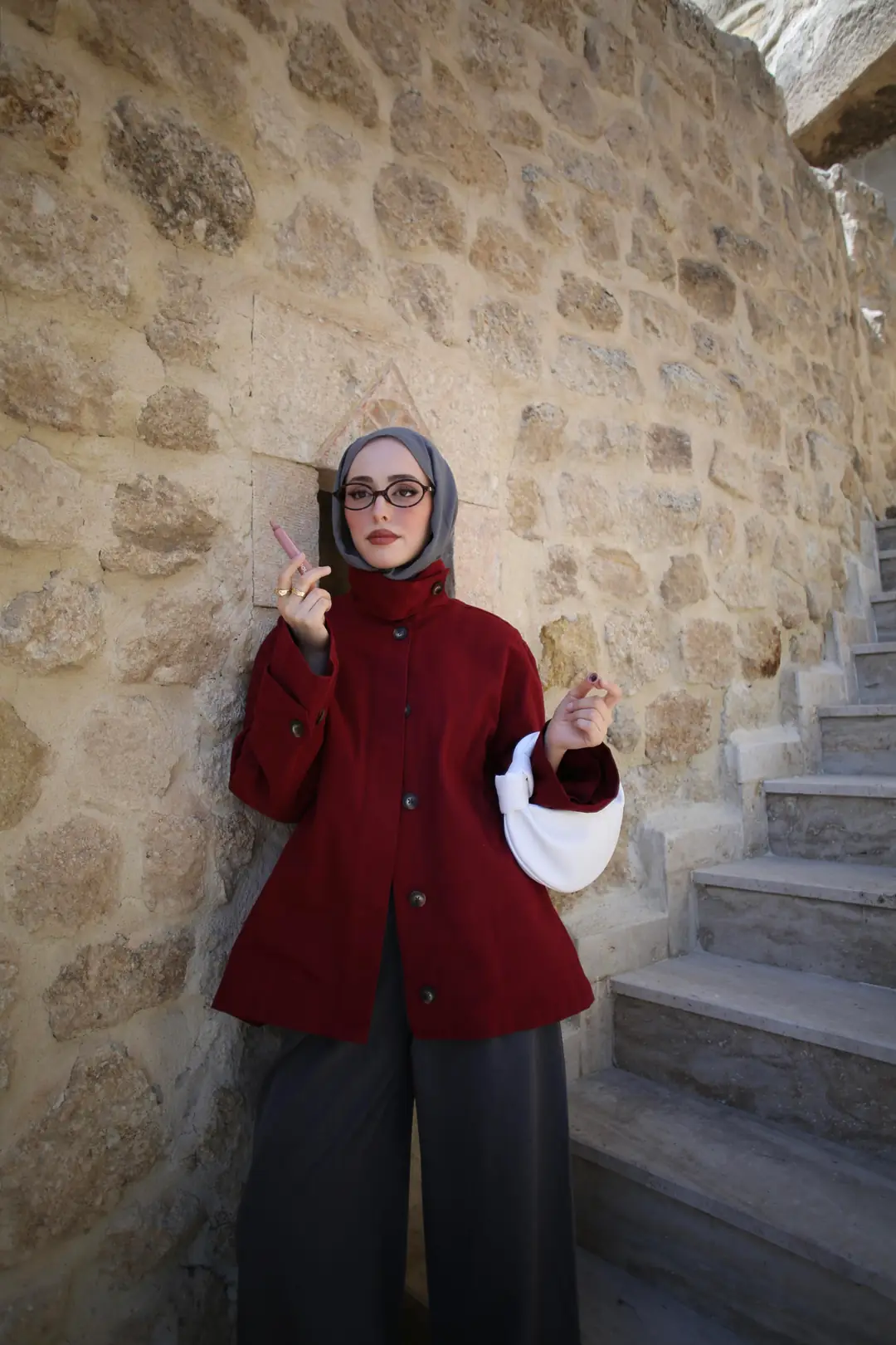 Dik Yaka Gabardin Ceket Bordo - Görsel 2