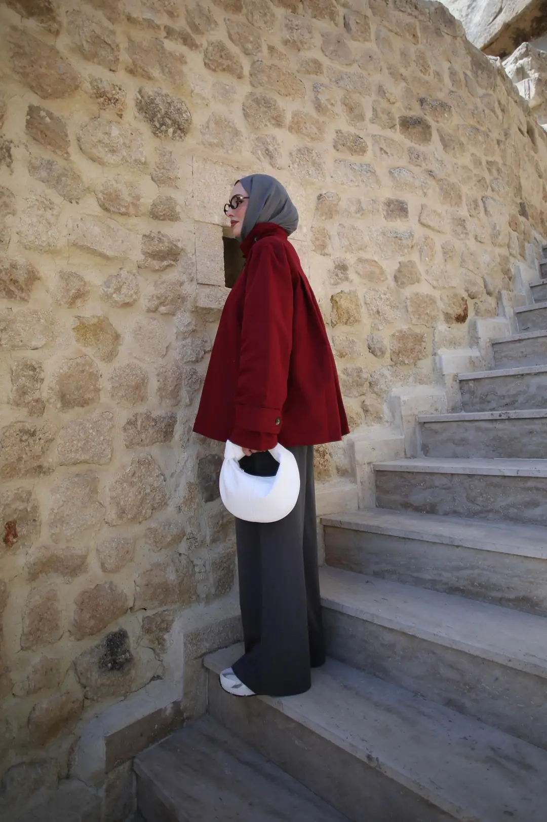 Dik Yaka Gabardin Ceket Bordo - Görsel 3