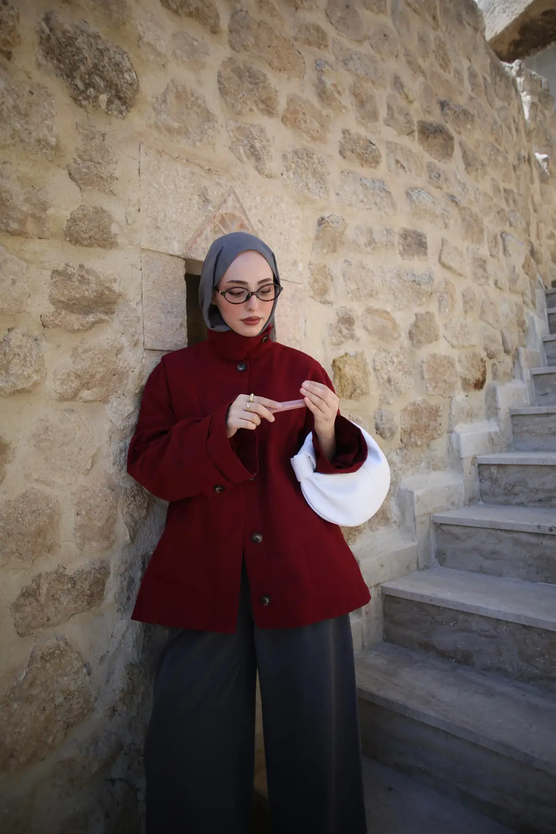 Dik Yaka Gabardin Ceket Bordo - Görsel 4