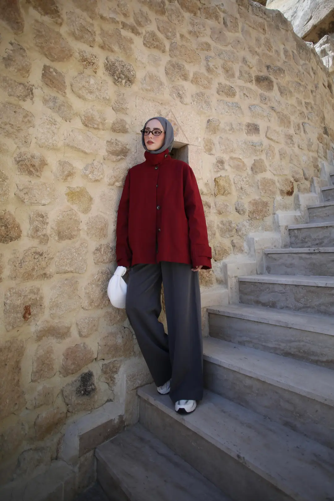 Dik Yaka Gabardin Ceket Bordo - Görsel 7