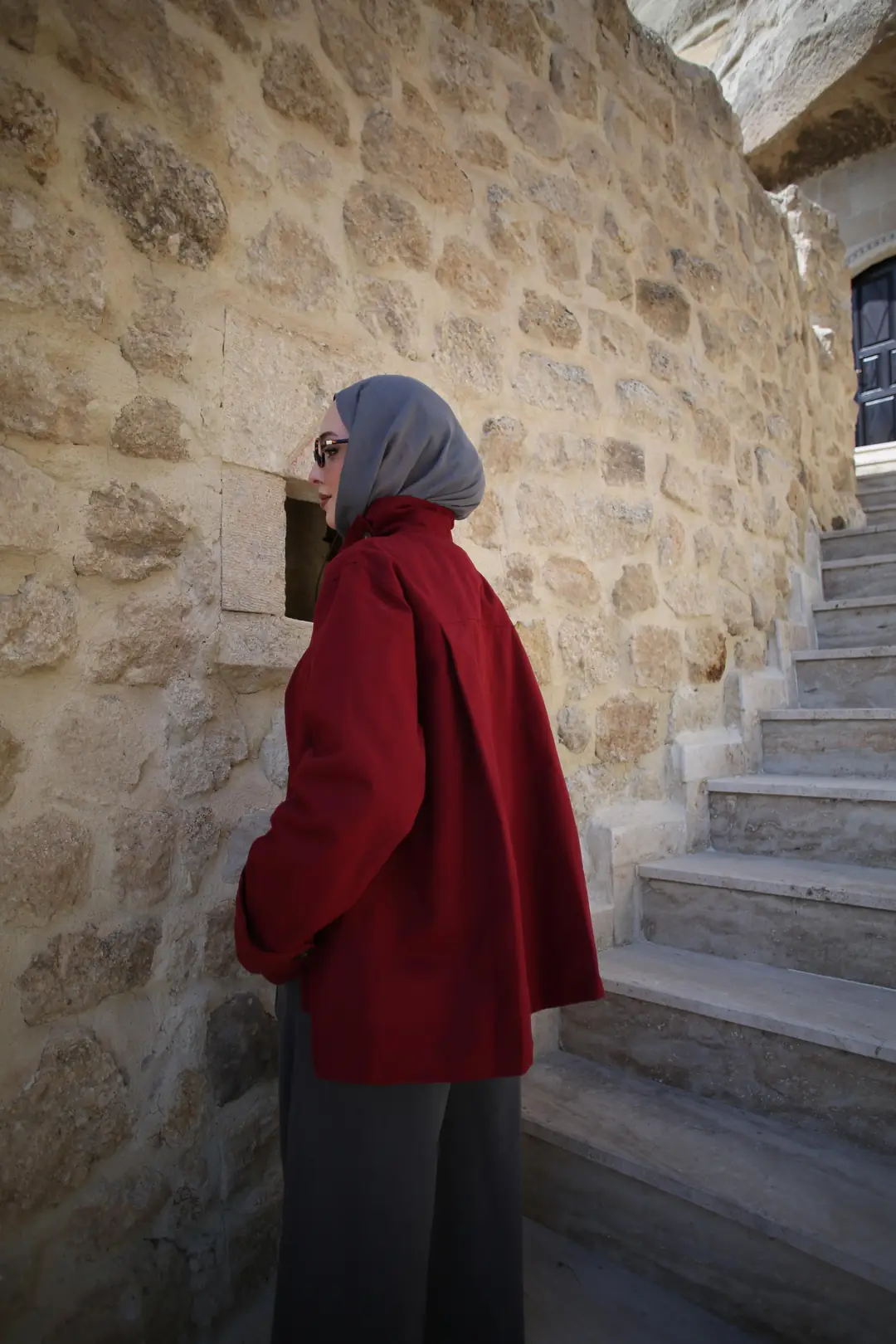 Dik Yaka Gabardin Ceket Bordo - Görsel 9