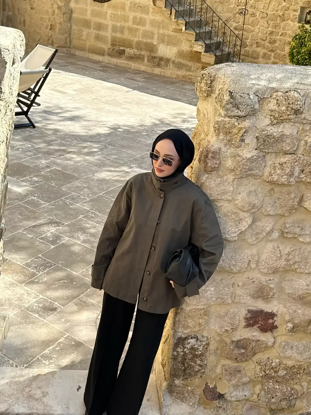 Dik Yaka Gabardin Ceket Haki