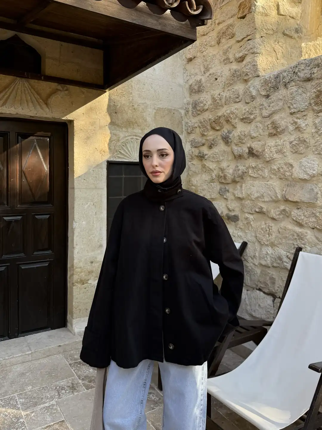 Dik Yaka Gabardin Ceket Siyah - Görsel 5