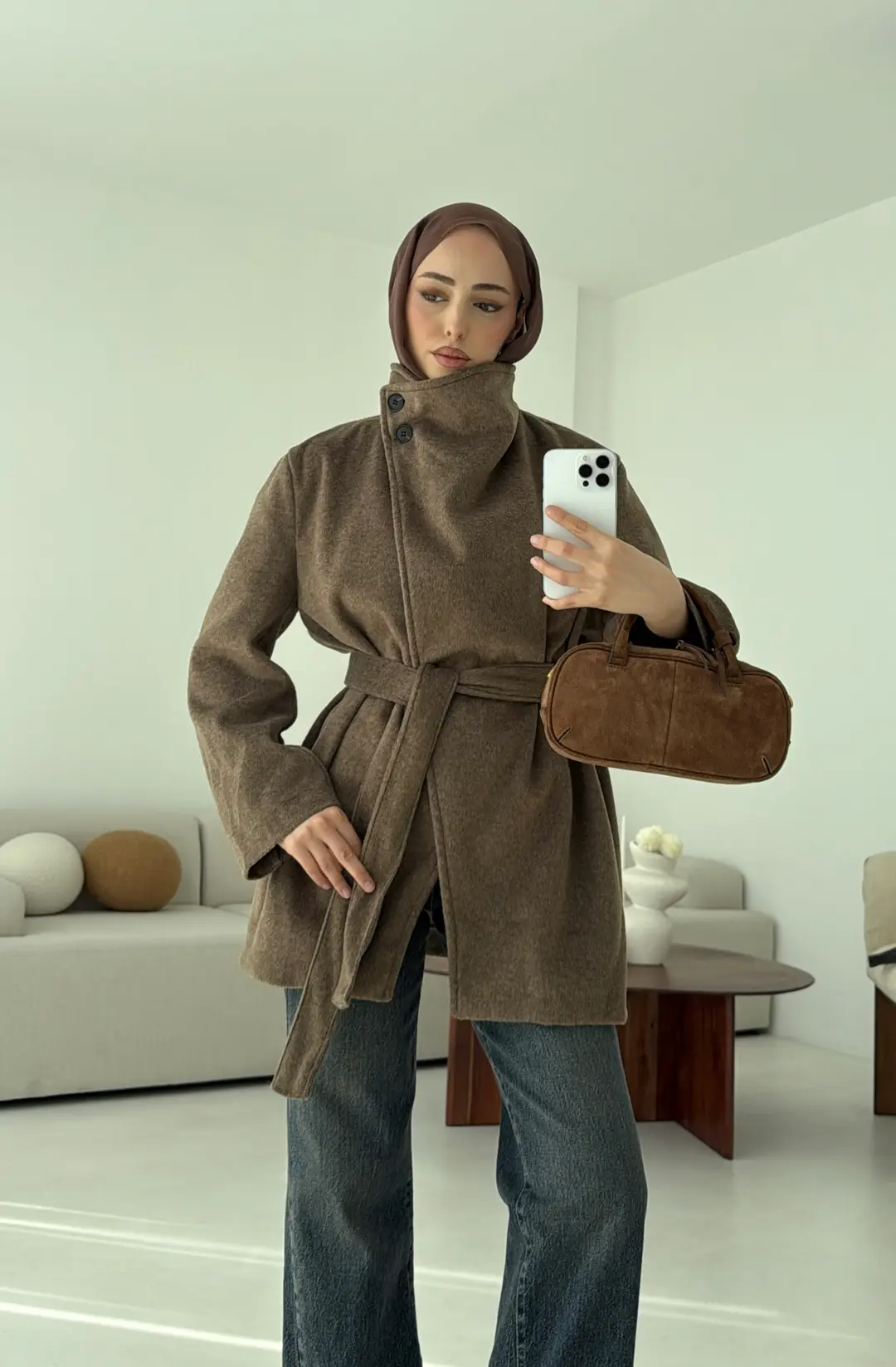 Dik Yaka Kaşe Kaban Kahve