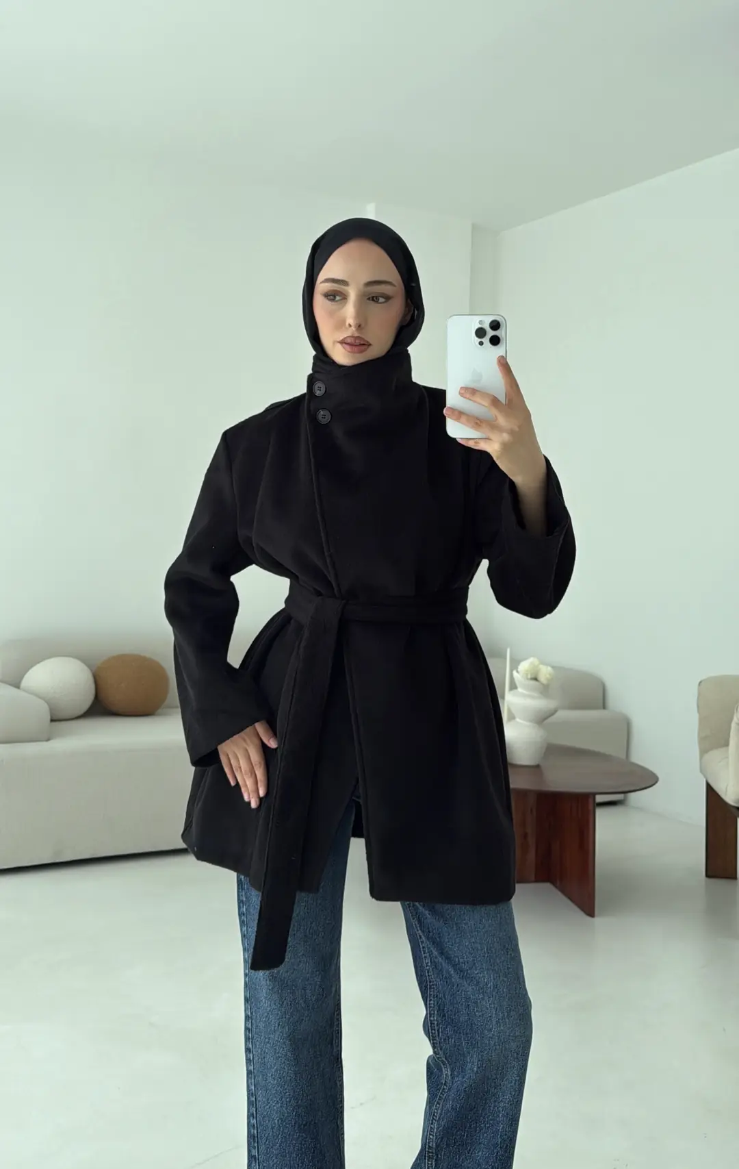 Dik Yaka Kaşe Kaban Siyah - Görsel 2