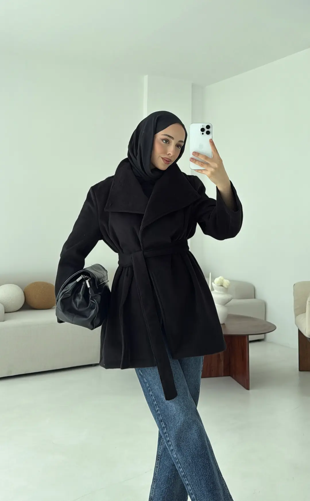 Dik Yaka Kaşe Kaban Siyah - Görsel 3