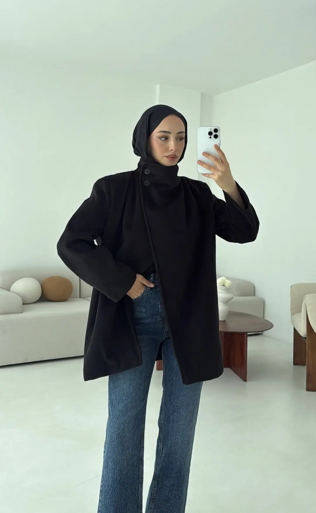 Dik Yaka Kaşe Kaban Siyah - Görsel 6