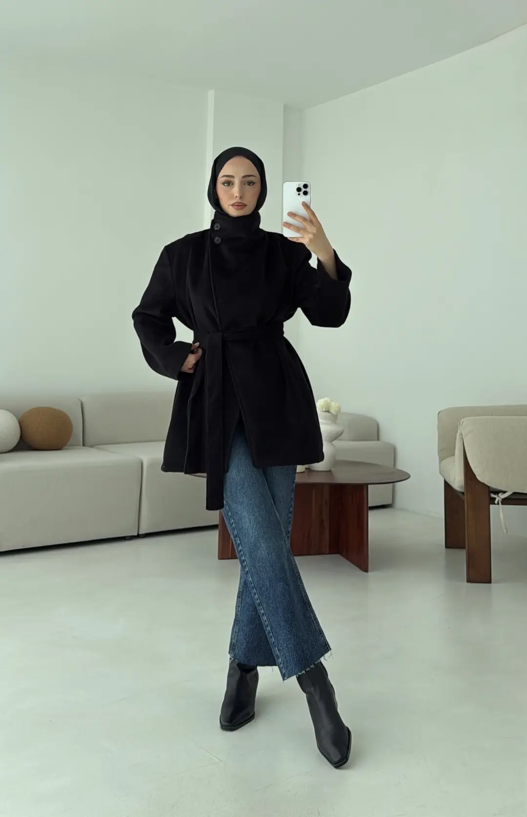 Dik Yaka Kaşe Kaban Siyah - Görsel 7