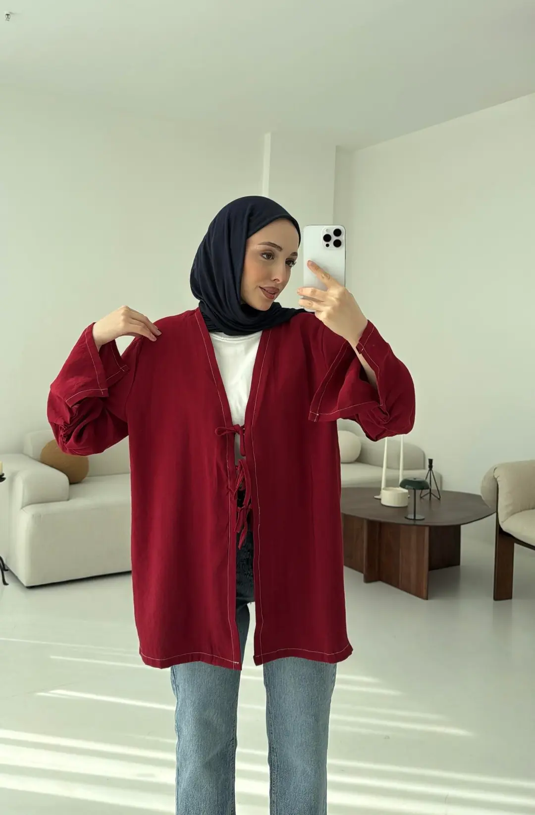 Dikiş Detaylı Kimono Kırmızı - Görsel 2