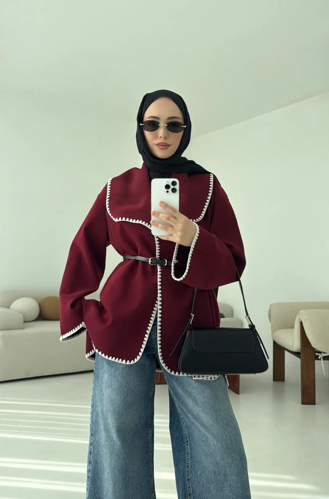 Dikişli Kaşe Ceket Bordo - Görsel 2