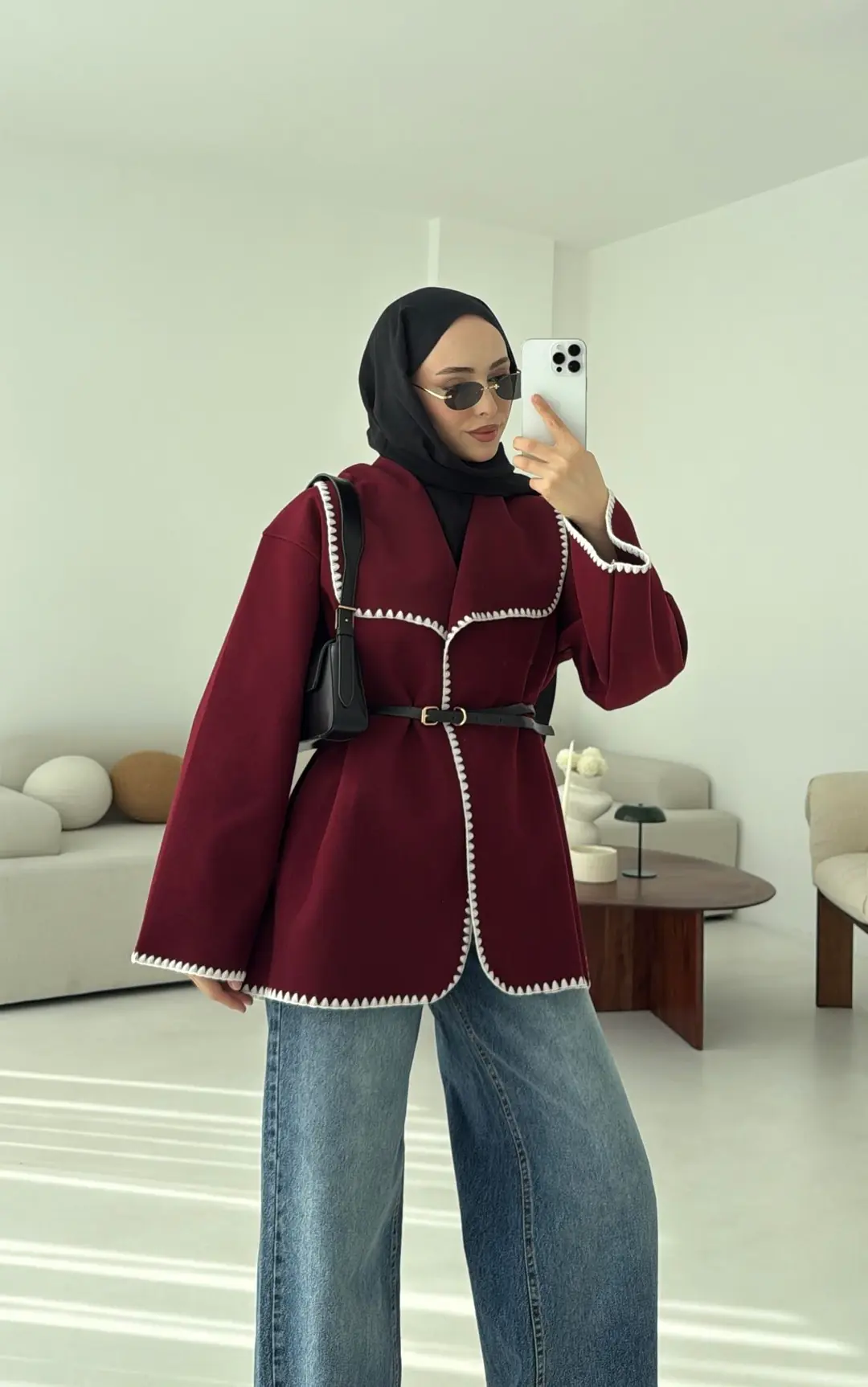 Dikişli Kaşe Ceket Bordo - Görsel 3