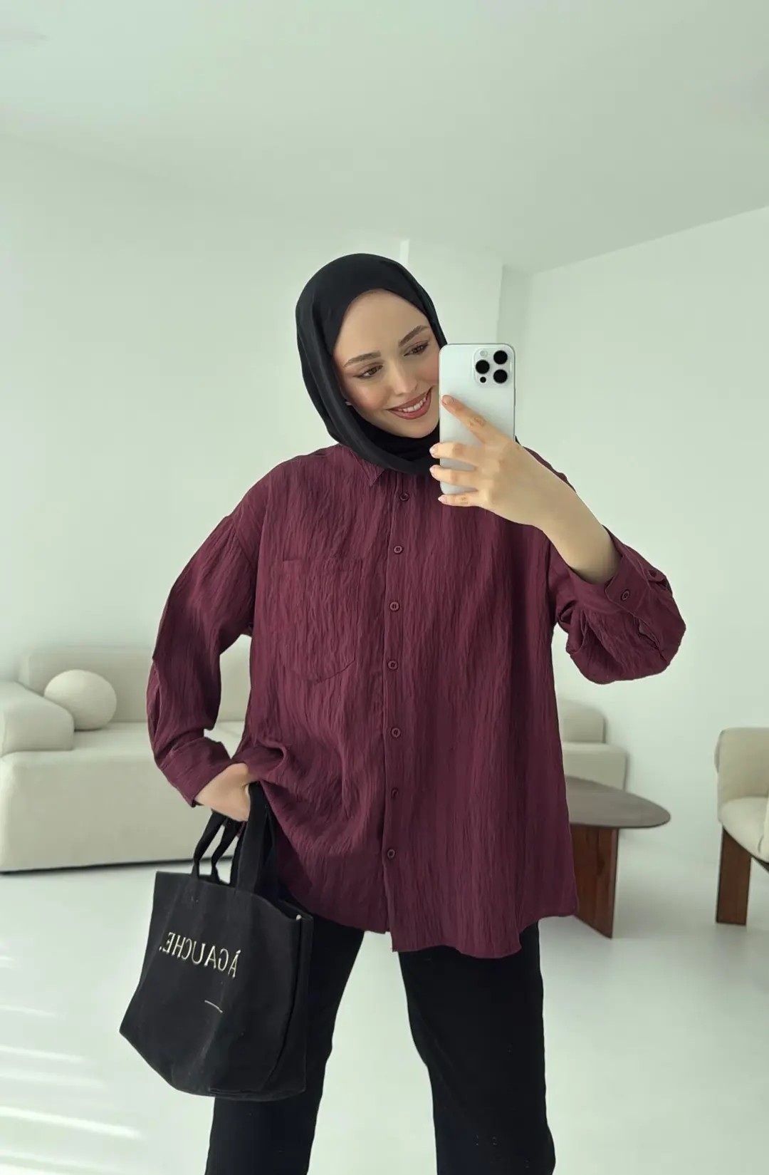 Dokulu Gömlek Bordo - Görsel 3