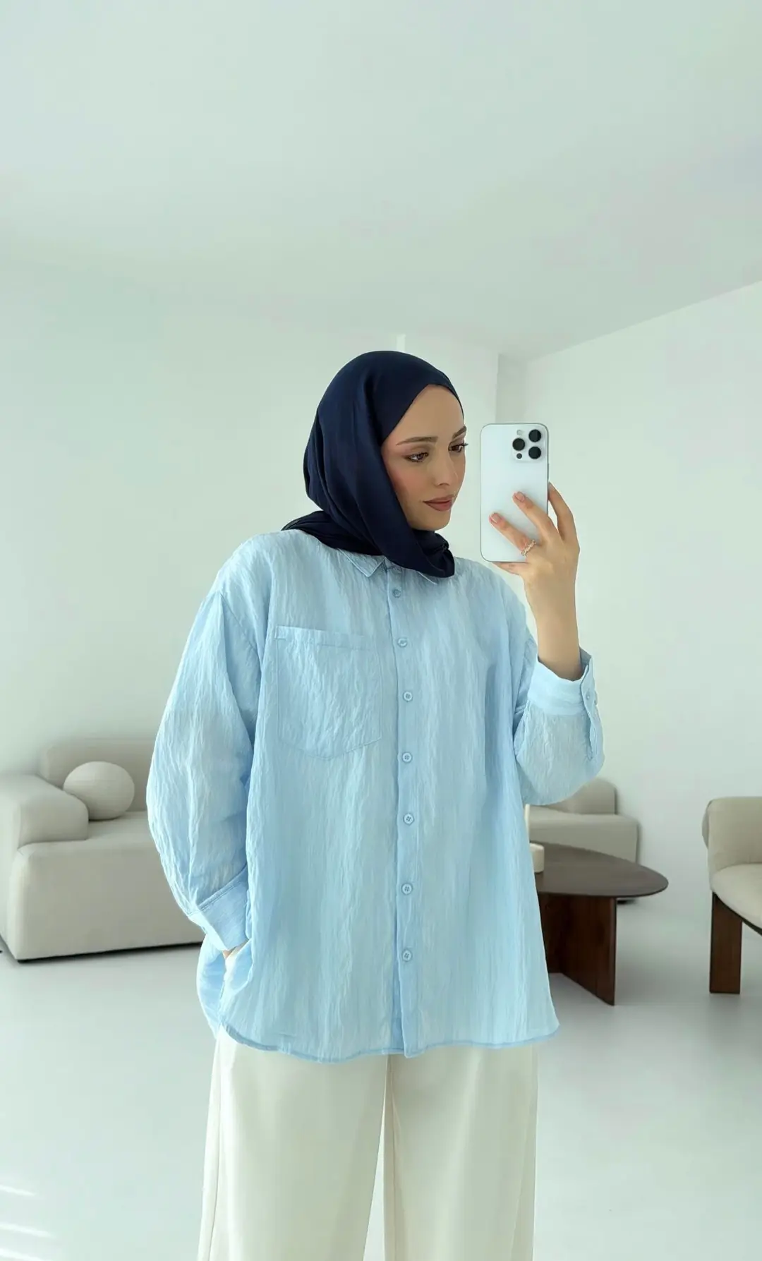 Dokulu Gömlek Mavi - Görsel 4