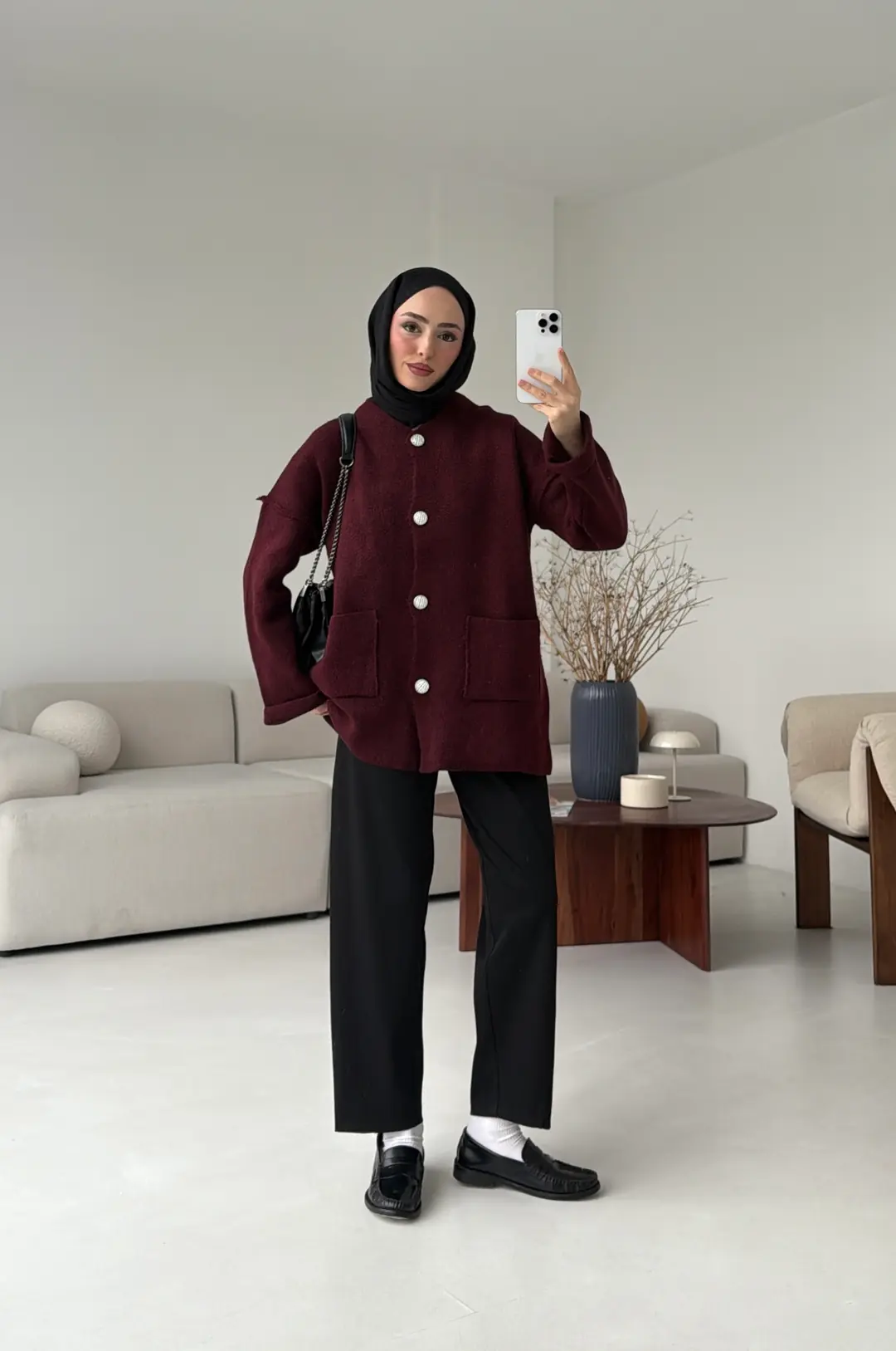 Double Kol Çelik Örgü Hırka Bordo - Görsel 5