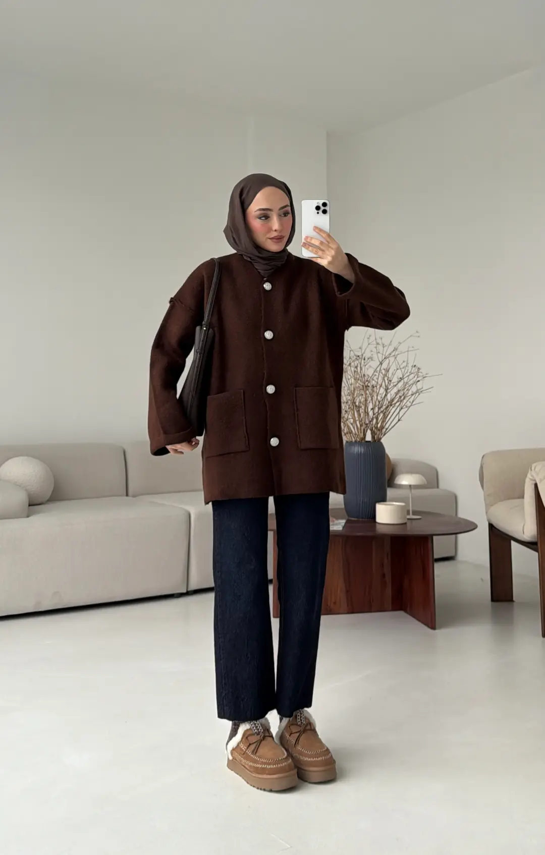 Double Kol Çelik Örgü Hırka Kahve - Görsel 4