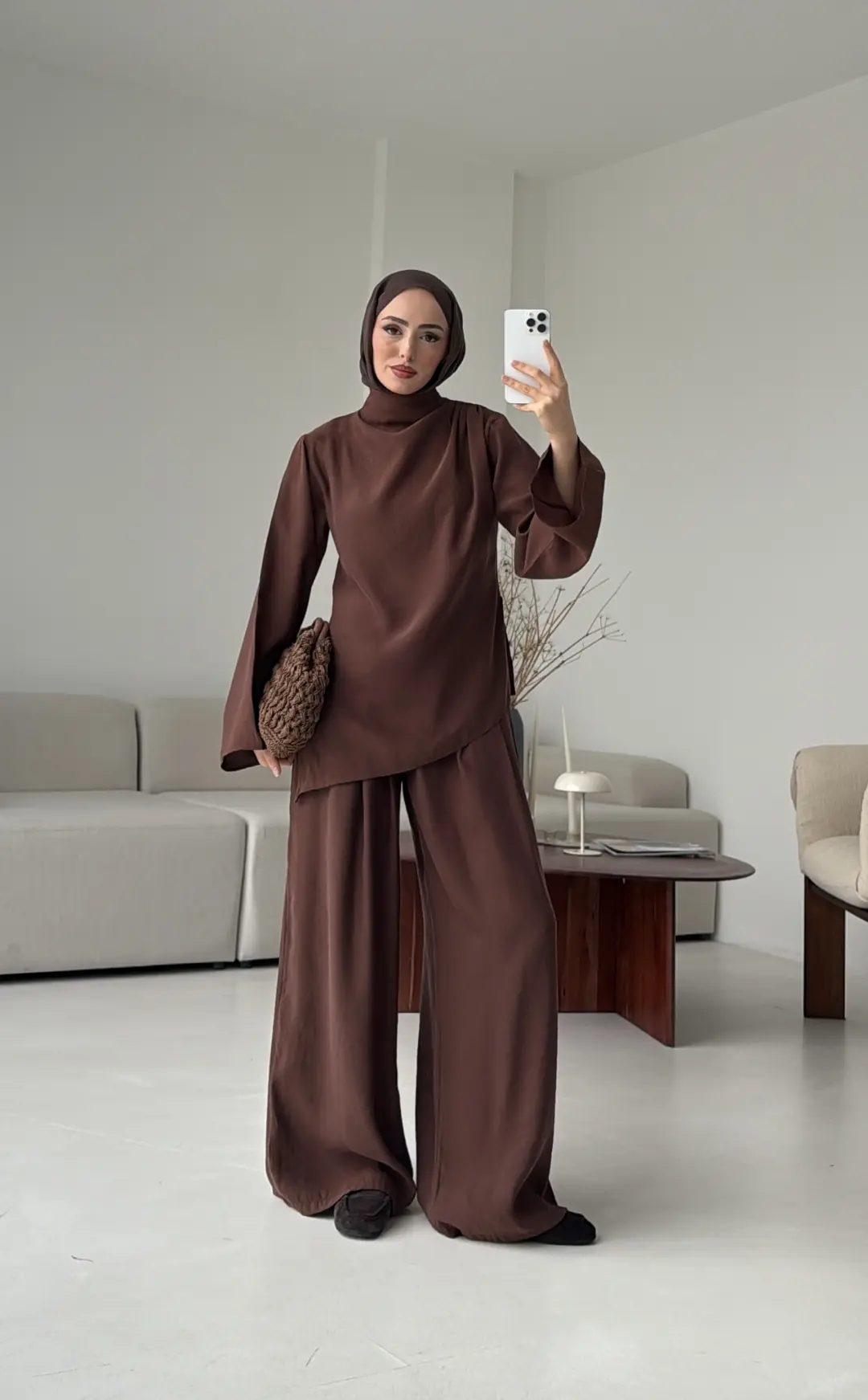 Drape Yaka Asimetrik Kesim Takım Kahve