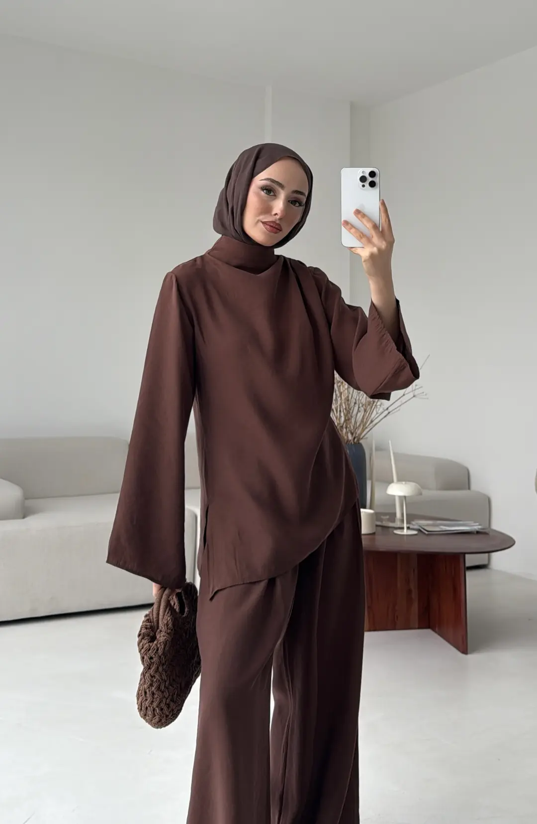 Drape Yaka Asimetrik Kesim Takım Kahve - Görsel 7