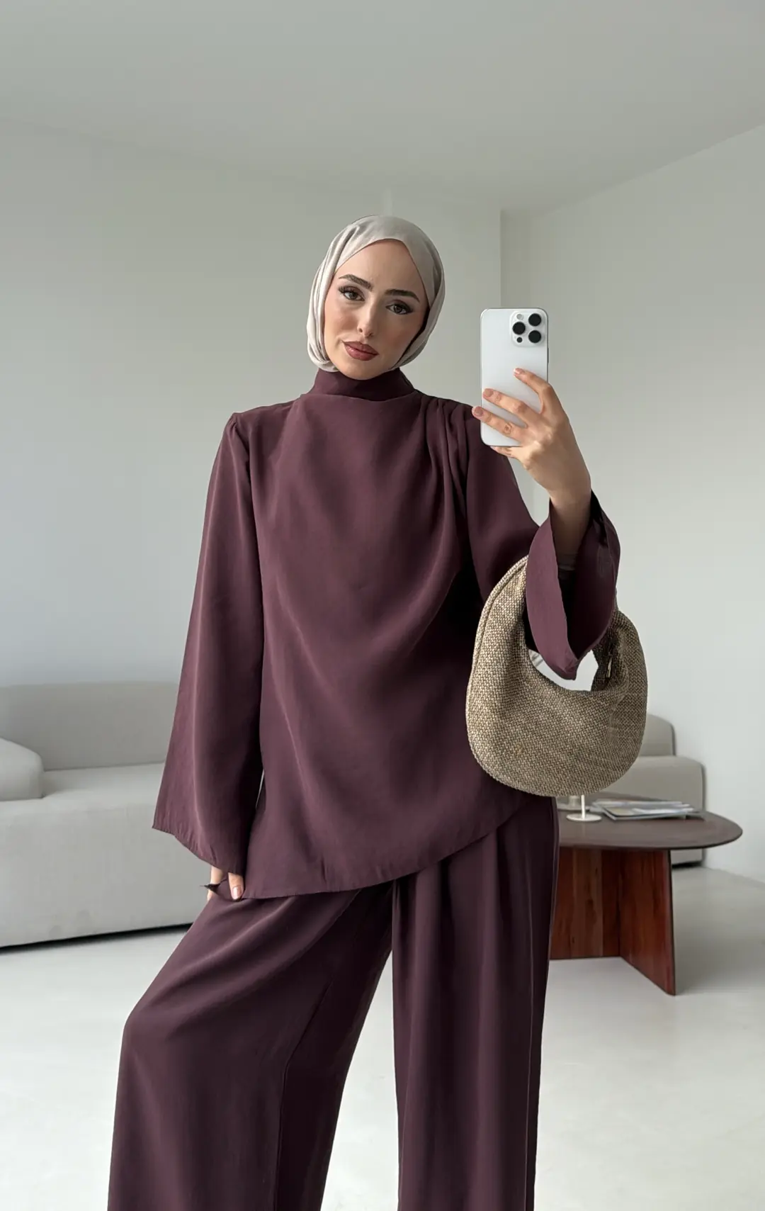 Drape Yaka Asimetrik Kesim Takım Mürdüm - Görsel 2