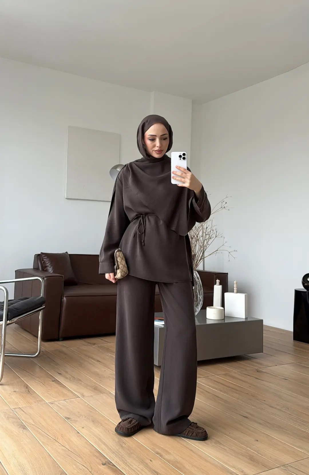 Drape Yaka Bluz Takım Kahve