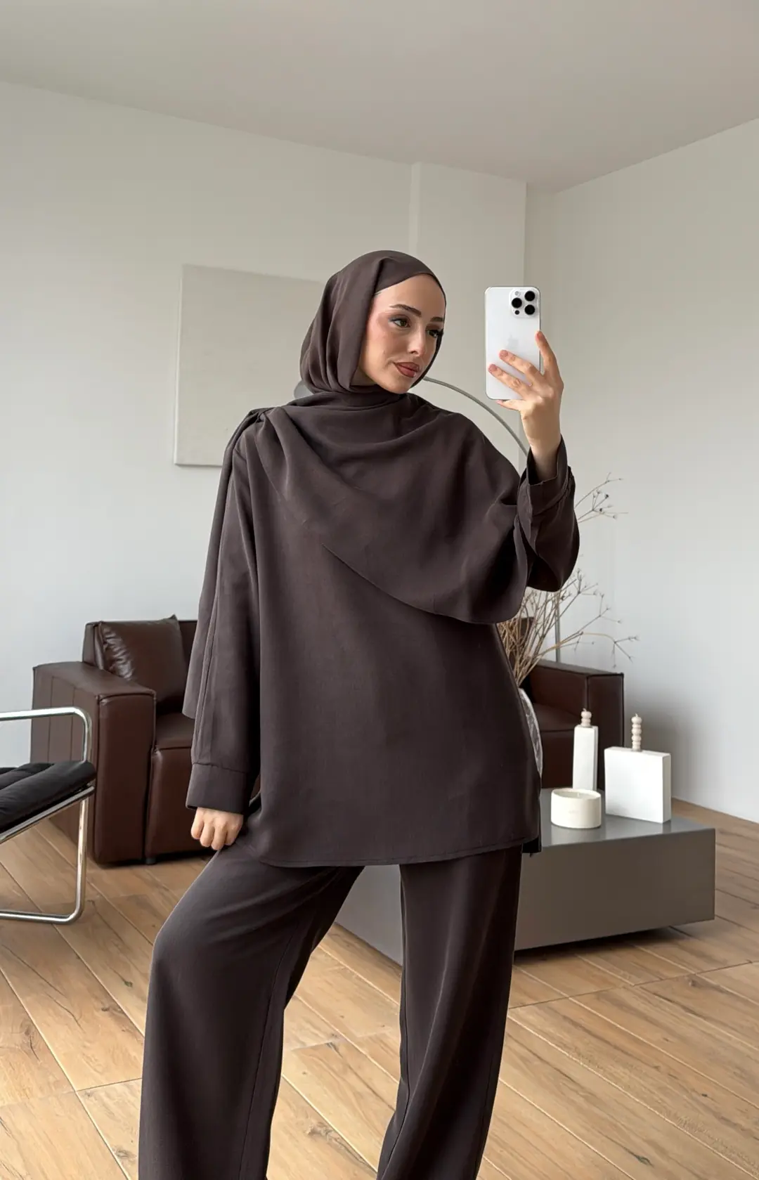 Drape Yaka Bluz Takım Kahve - Görsel 10