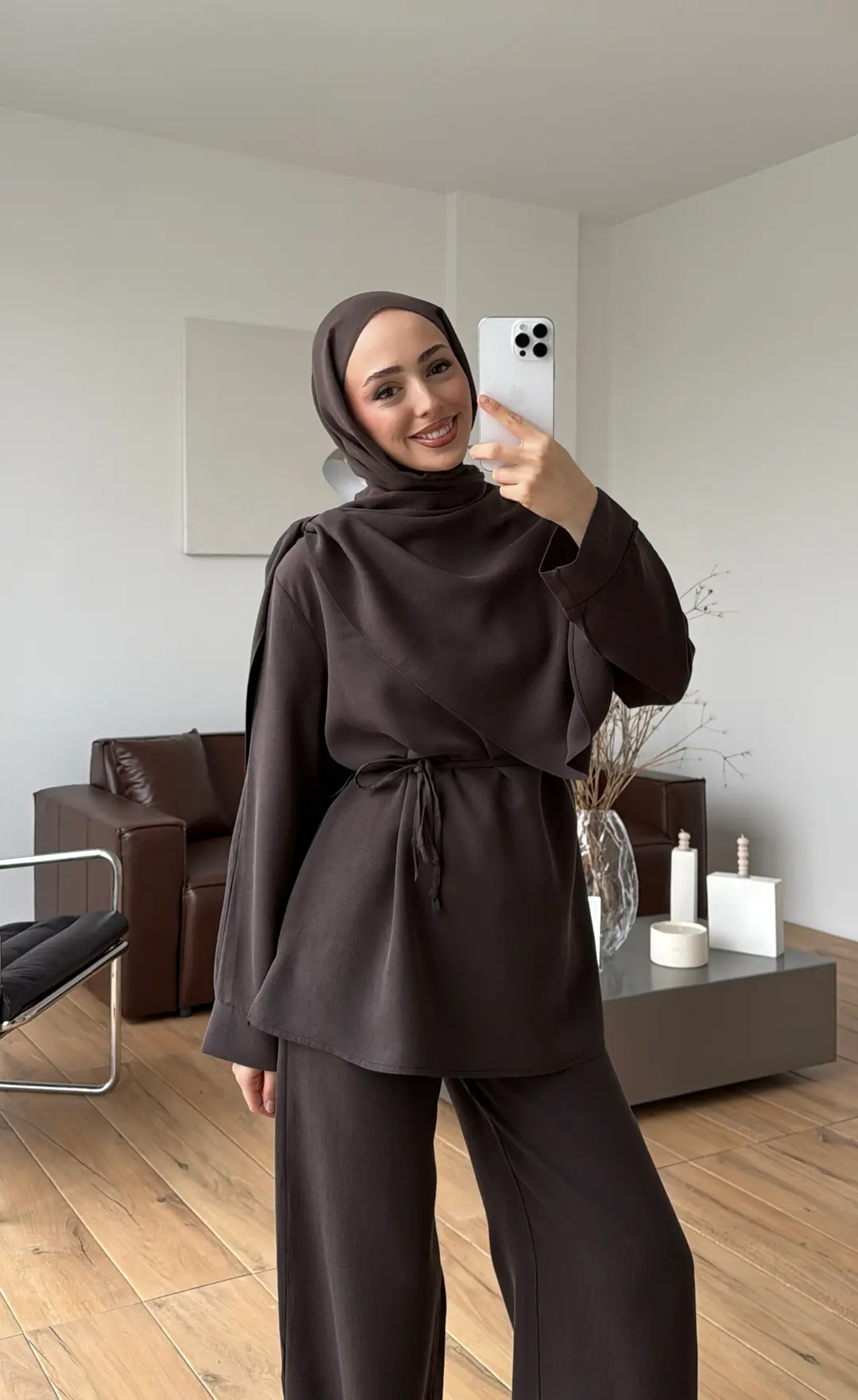 Drape Yaka Bluz Takım Kahve - Görsel 6