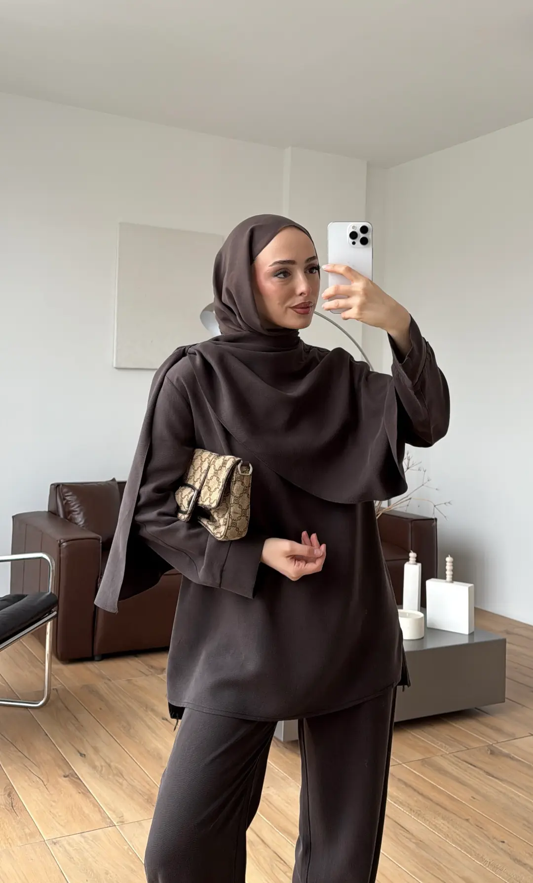 Drape Yaka Bluz Takım Kahve - Görsel 8