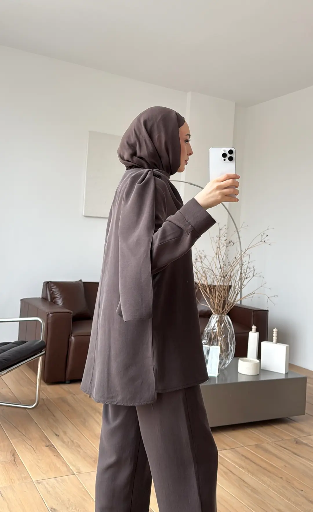 Drape Yaka Bluz Takım Kahve - Görsel 9