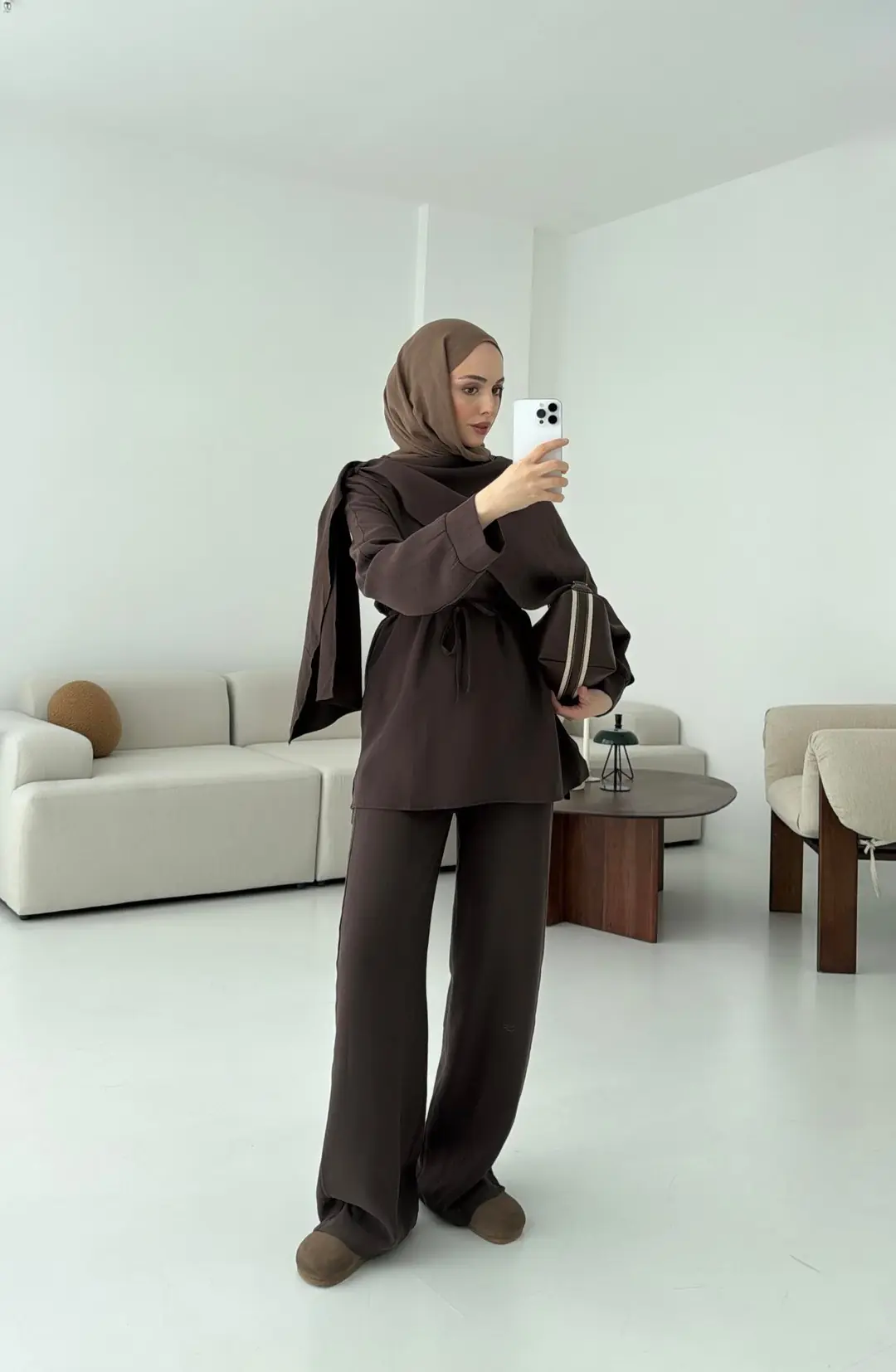 Drape Yaka Bluz Takım Kahve