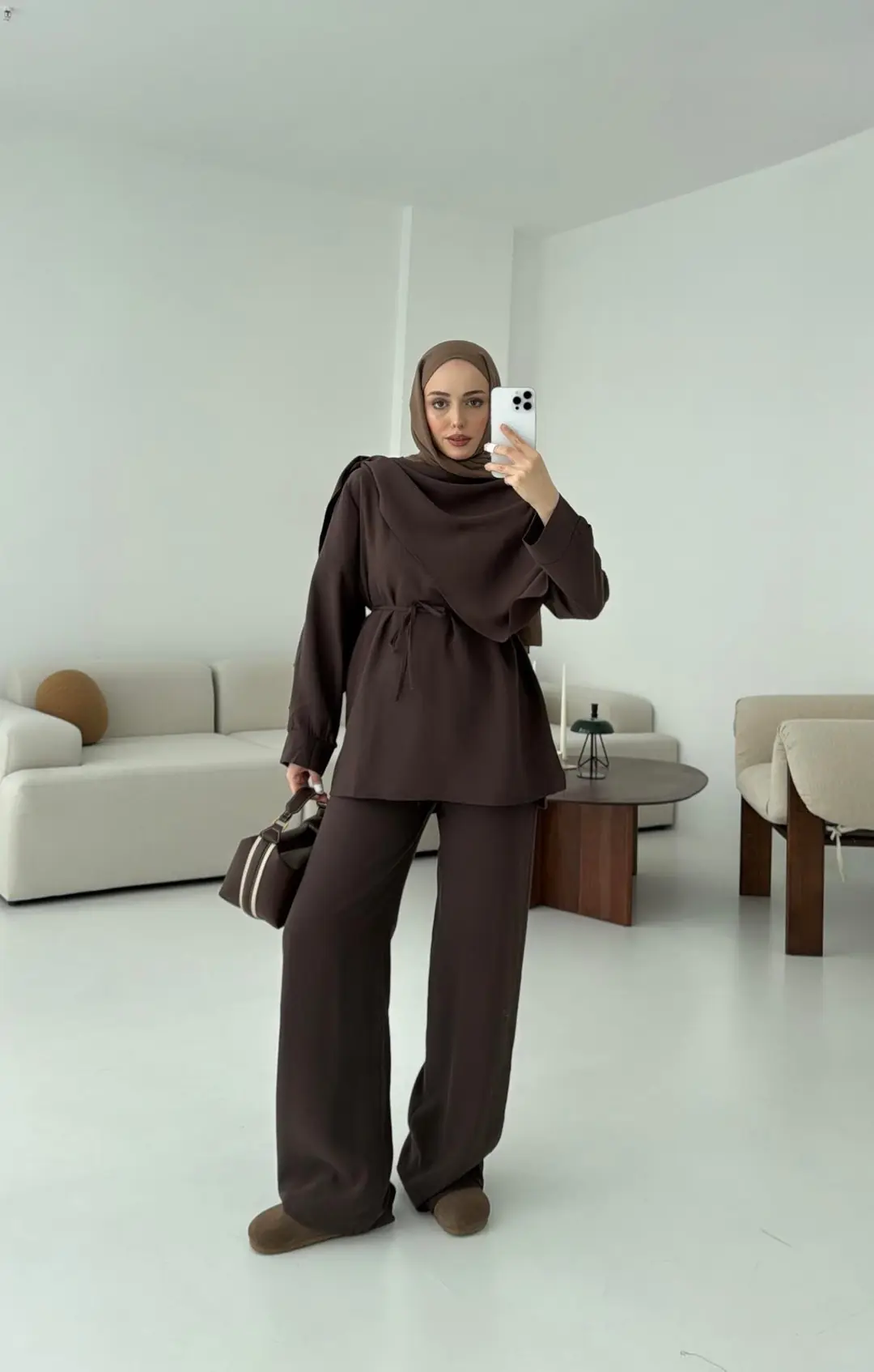 Drape Yaka Bluz Takım Kahve - Görsel 2