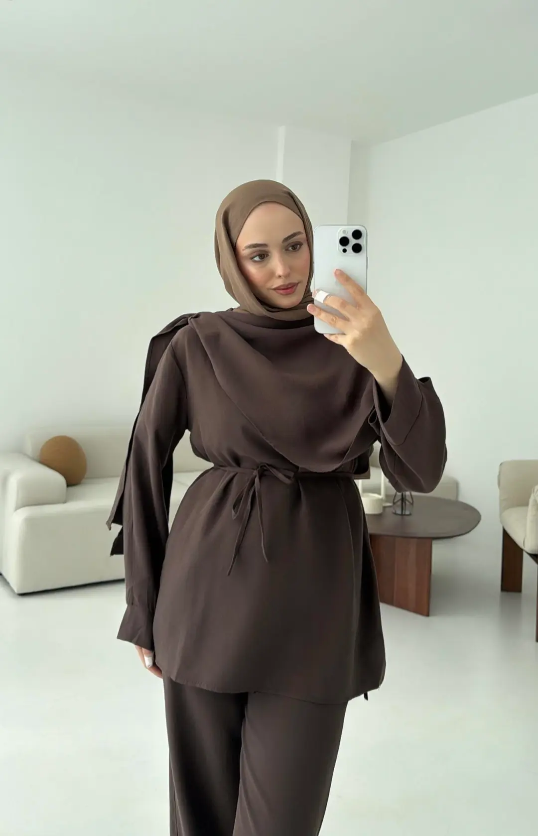 Drape Yaka Bluz Takım Kahve - Görsel 3