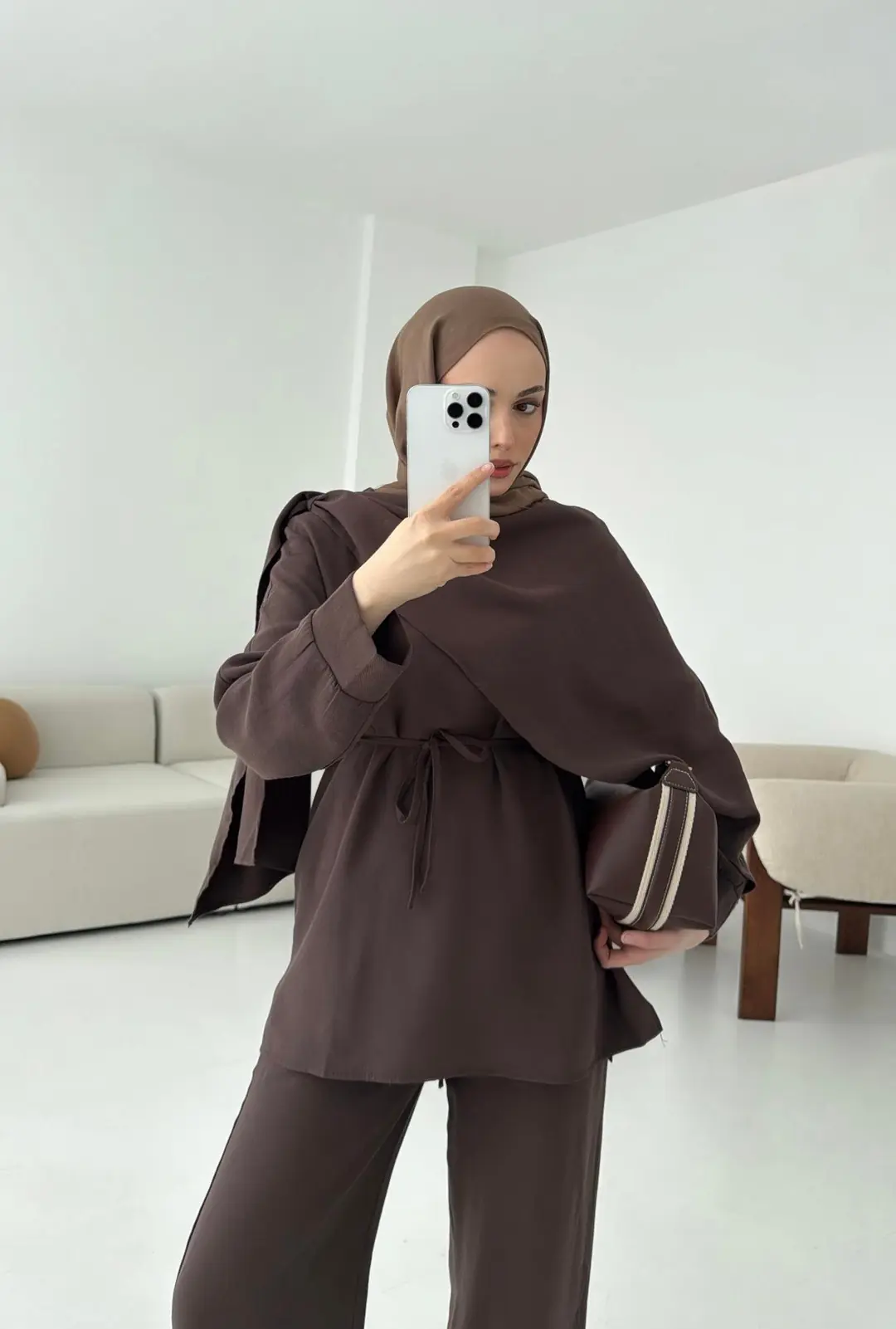 Drape Yaka Bluz Takım Kahve - Görsel 7