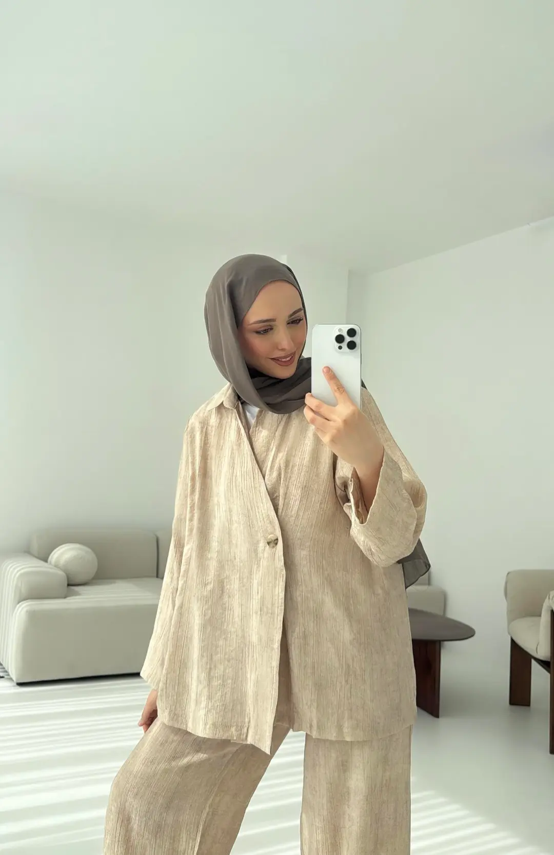 Düğme Detay Yazlık Takım Vizon - Görsel 3