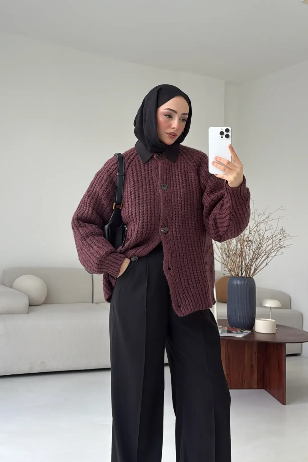 Düğmeli Bordo Hırka - Görsel 5