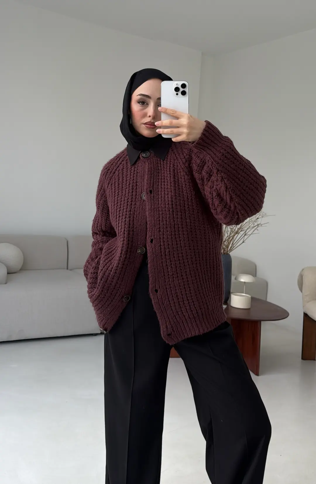 Düğmeli Bordo Hırka - Görsel 6