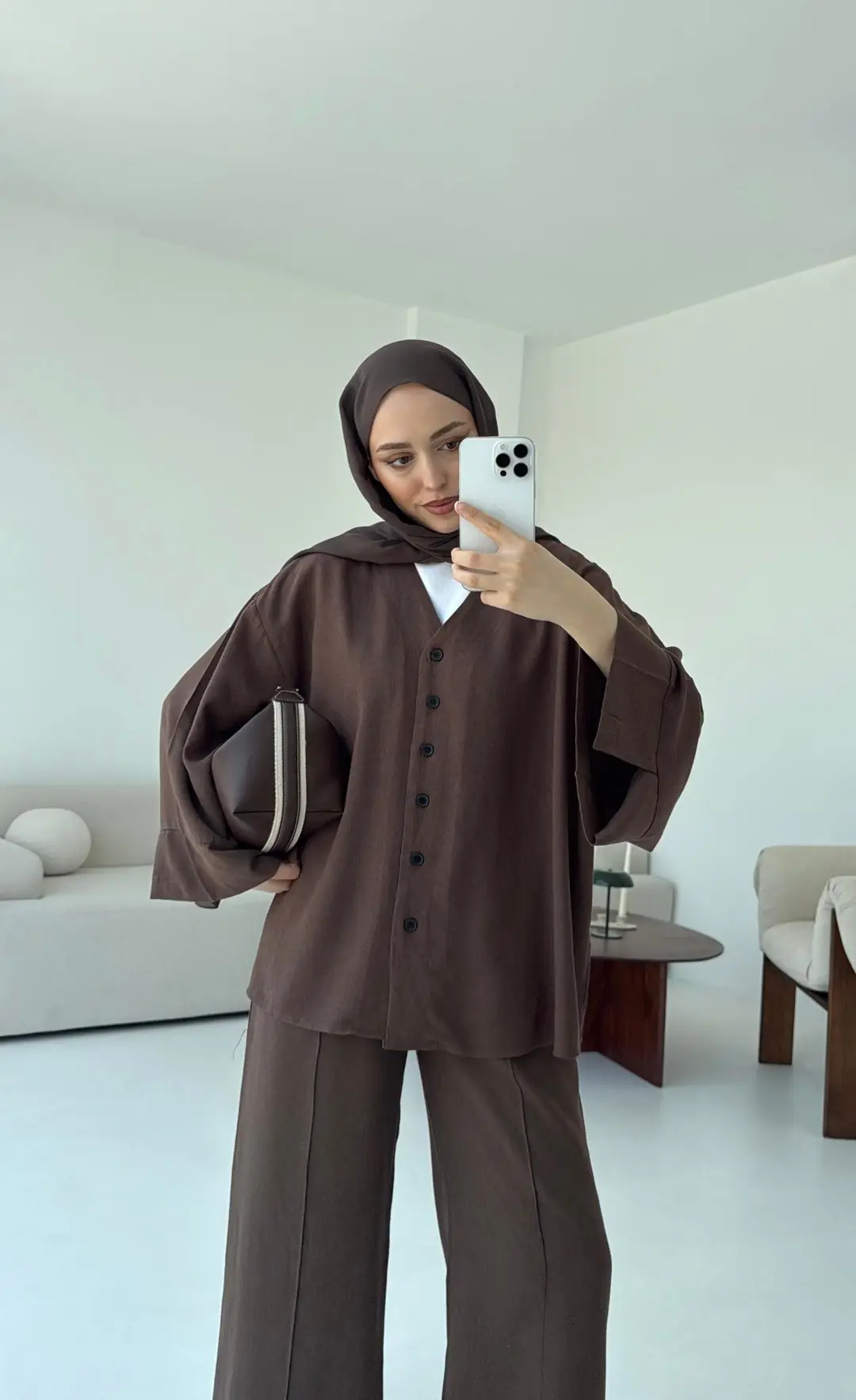 Düğmeli Kimono Takım Kahve