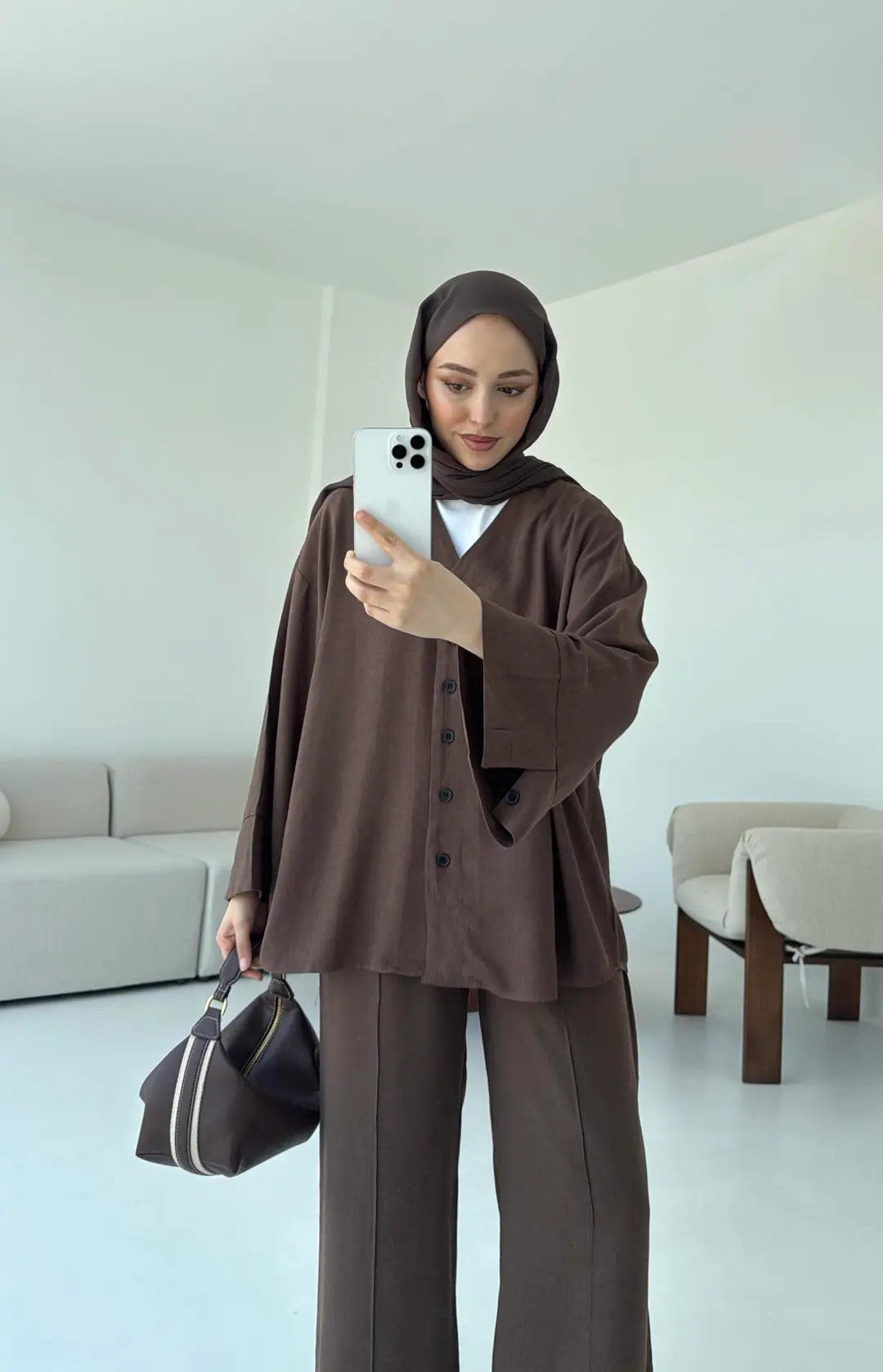 Düğmeli Kimono Takım Kahve - Görsel 4