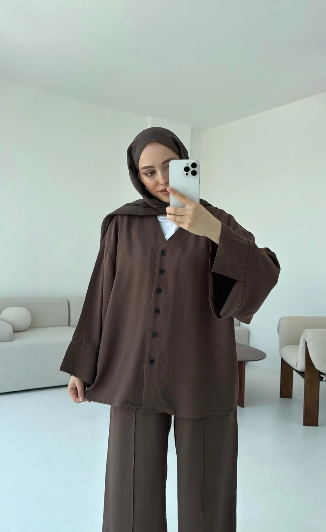 Düğmeli Kimono Takım Kahve - Görsel 7